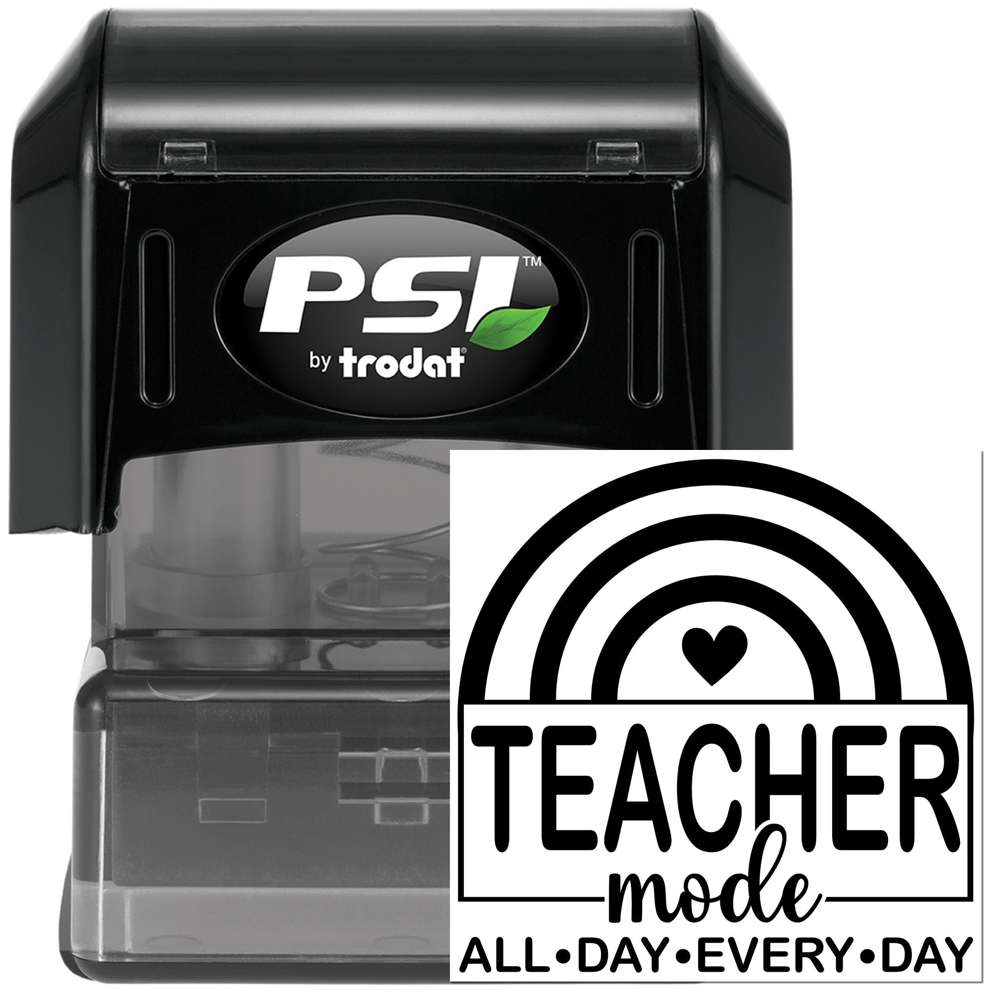 PSI by Trodat self-inking teacher rubber stamp with Teacher Mode All Day Every Day rainbow design.