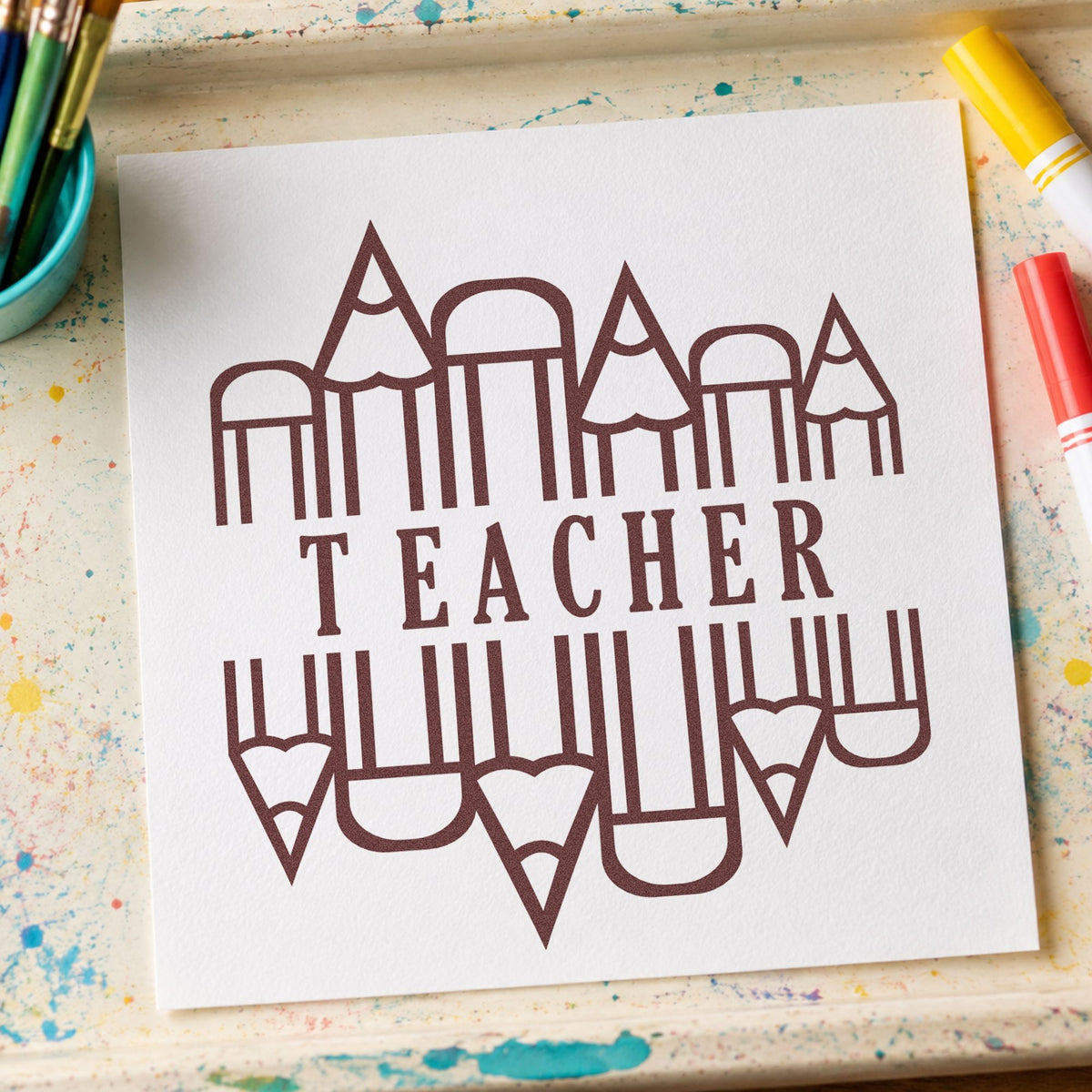 Teacher Pencil Circle rubber stamp printed in brown ink, ready for coloring border crafts and similar paper crafts.
