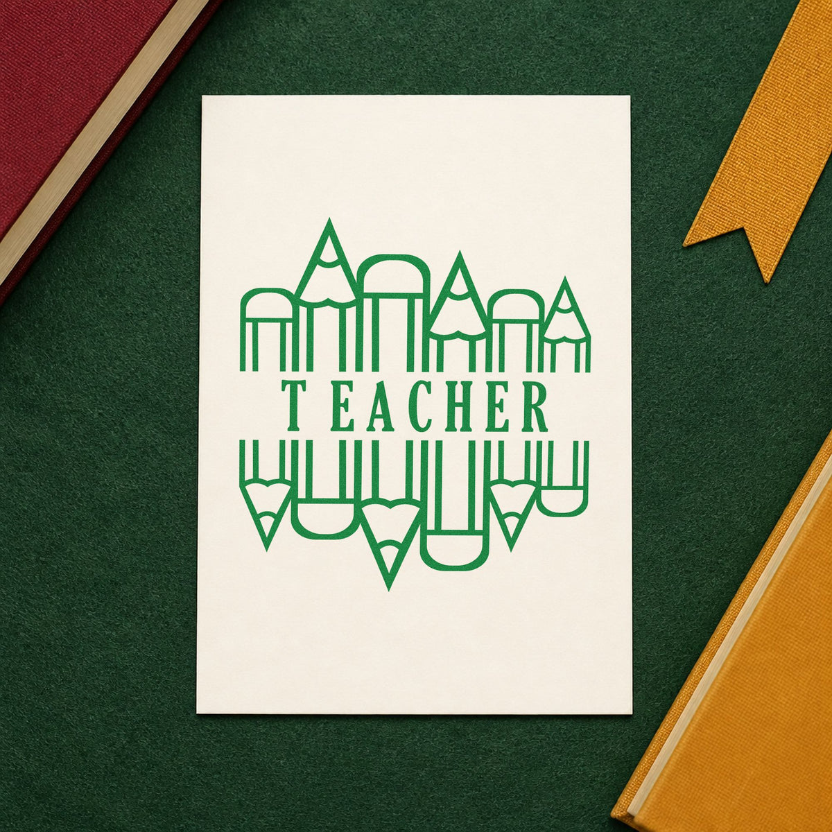 Teacher Pencil Circle craft stamp imprint in green ink on a handmade project, one idea being framed word wall.