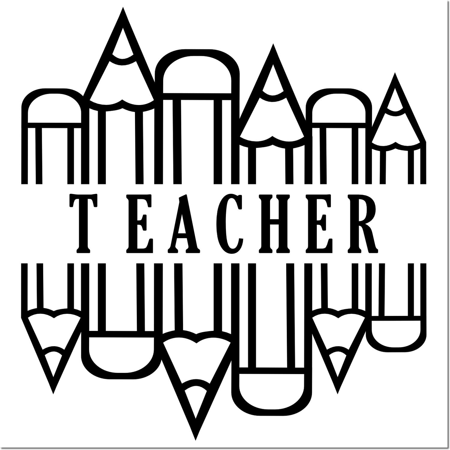 Teacher rubber stamp design with pencil border and bold text for classroom, educator, and school craft use.