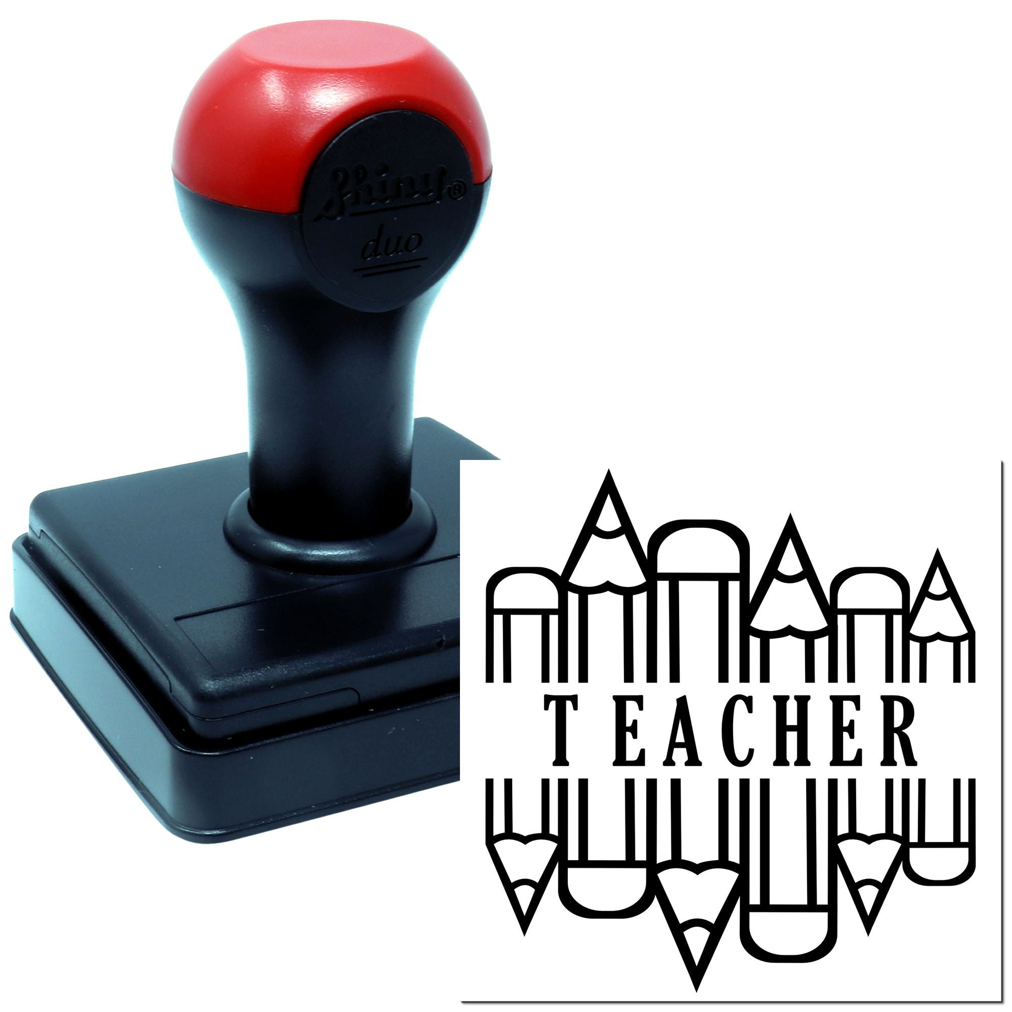Teacher rubber stamp with pencil border design for classroom grading, rewards, and personalized teacher stationery.