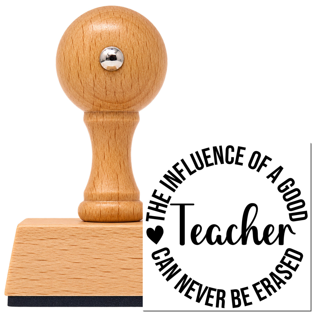Good Teacher Influence Round Vintage Pro rubber stamp in European beech wood with a round knob handle, shown beside its black imprint.