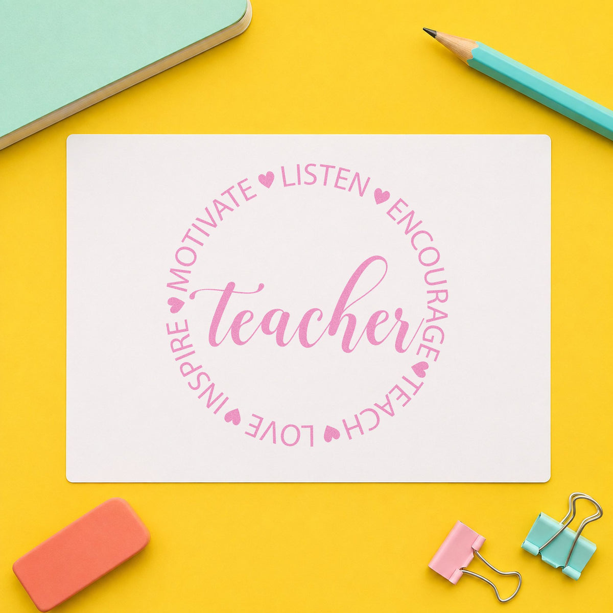Teacher Motivate Inspire Circle craft stamp in purple ink on cardstock, an easy option for group gift tags.