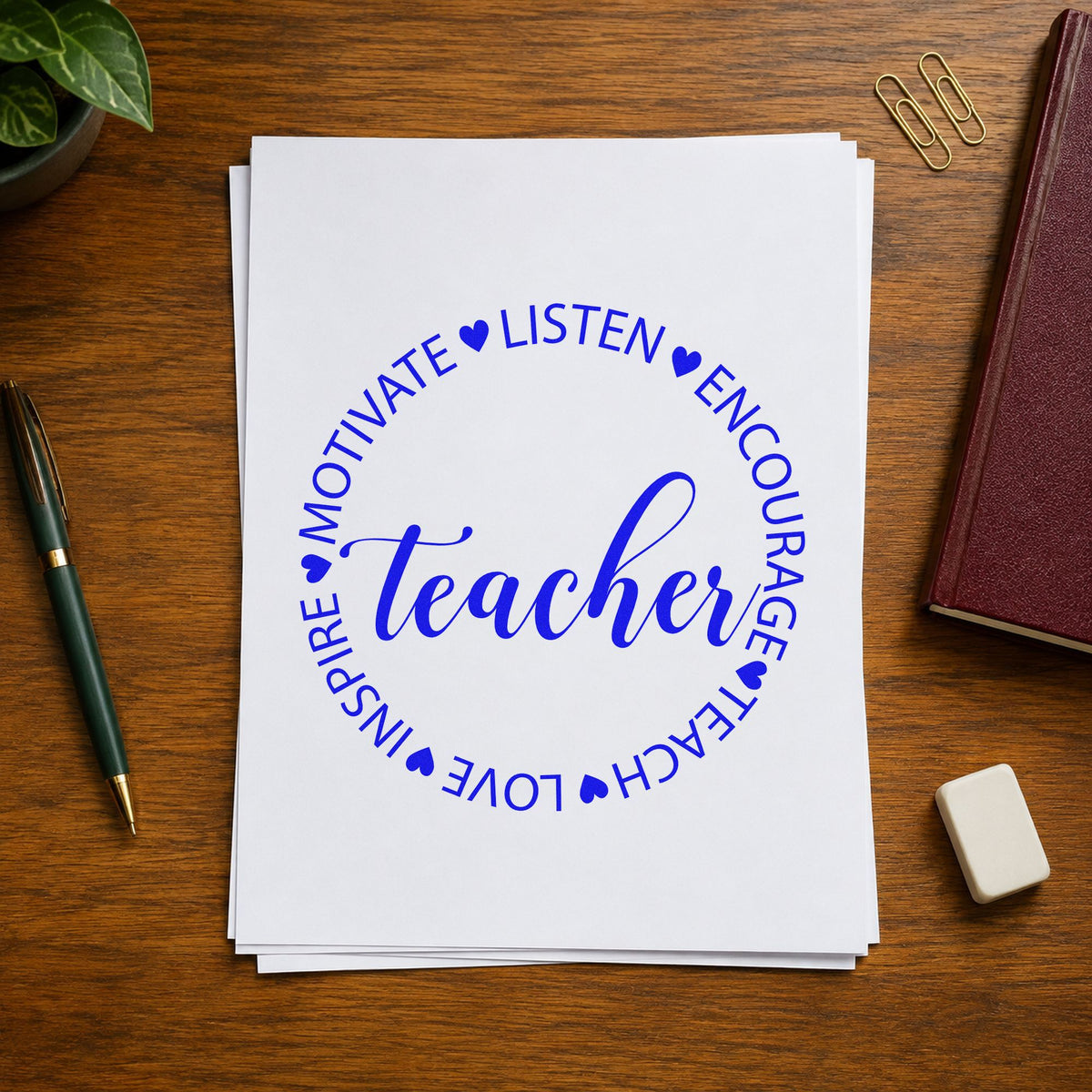 Teacher Motivate Inspire Circle craft stamp in blue ink on cardstock, an easy option for round cushion panels.