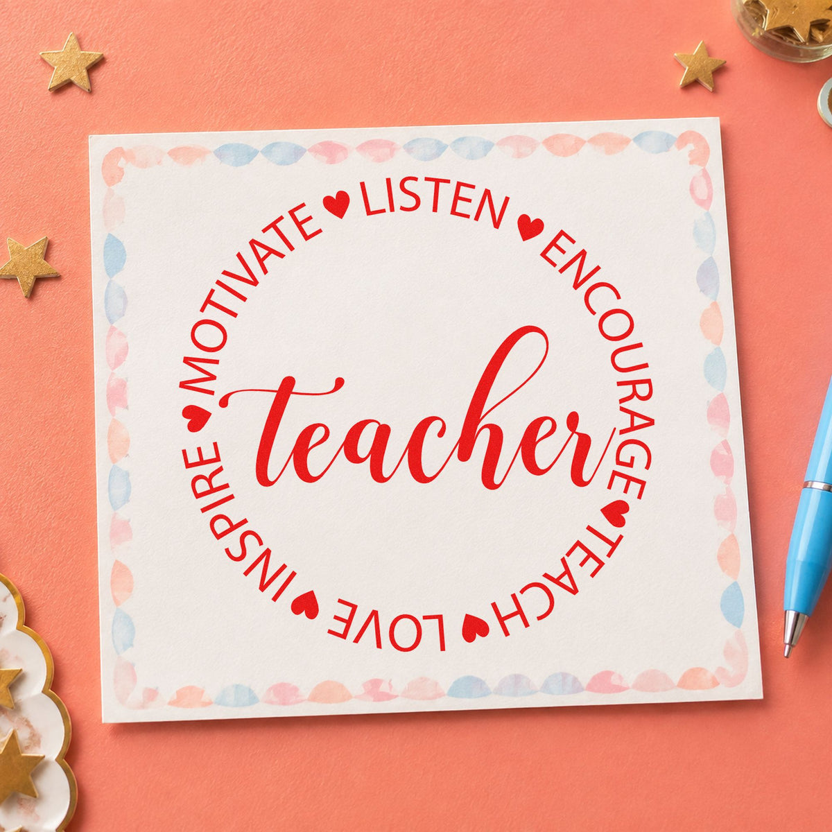Teacher Motivate Inspire Circle rubber stamp shown in red ink, stamped for projects such as department merge notes.