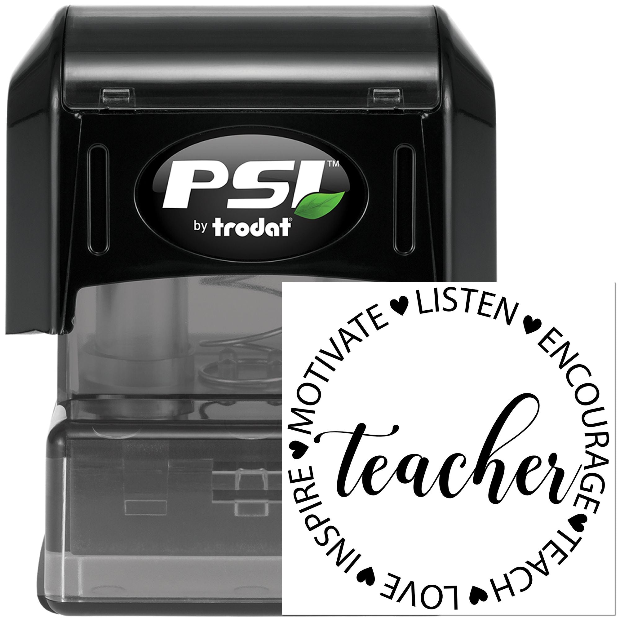 PSI by Trodat self-inking teacher rubber stamp with motivational circle design and hearts for classroom use.