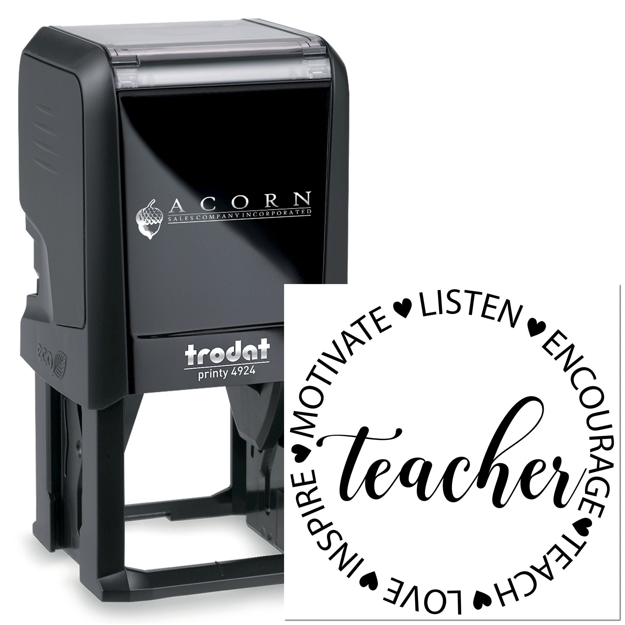 Teacher motivational self-inking rubber stamp, Trodat Printy 4924, with custom Motivate, Listen, Encourage, Teach imprint.