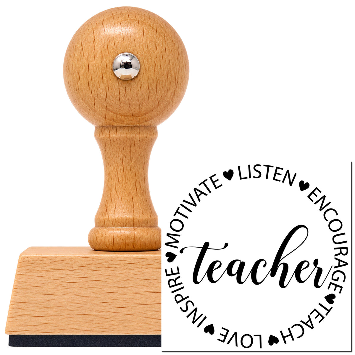 Teacher Motivate Inspire Circle With Hearts Vintage Pro rubber stamp in European beech wood with a round knob handle, shown beside its black imprint.