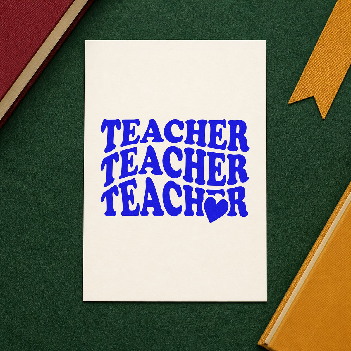 Teacher Triple Heart Stack craft stamp in blue ink on cardstock, an easy option for matching tote panels.