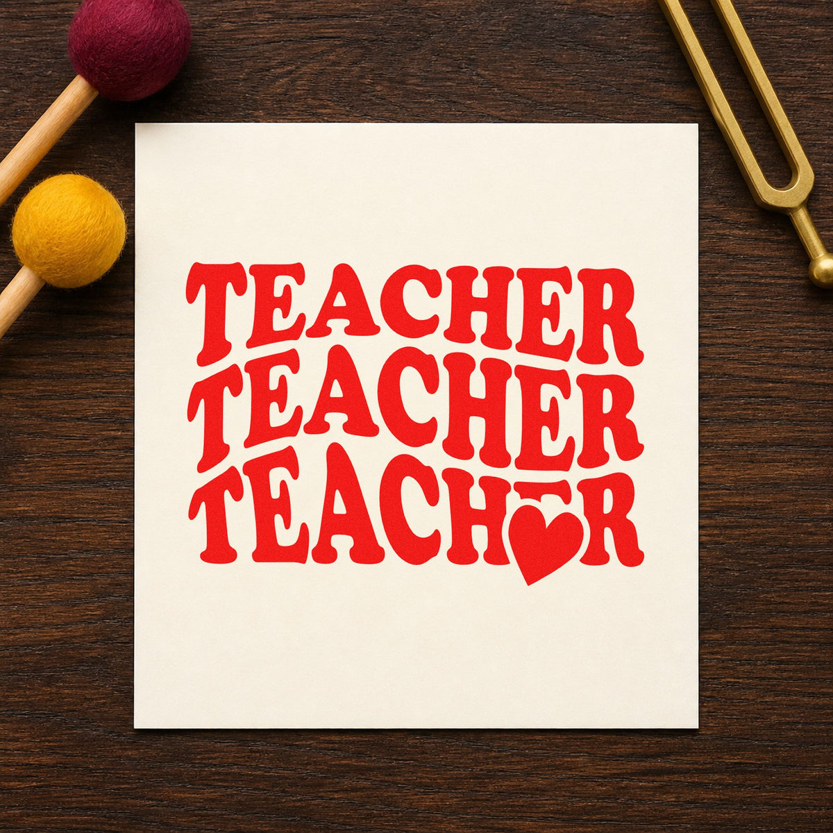 Teacher Triple Heart Stack rubber stamp shown in red ink, stamped for projects such as job share notes.