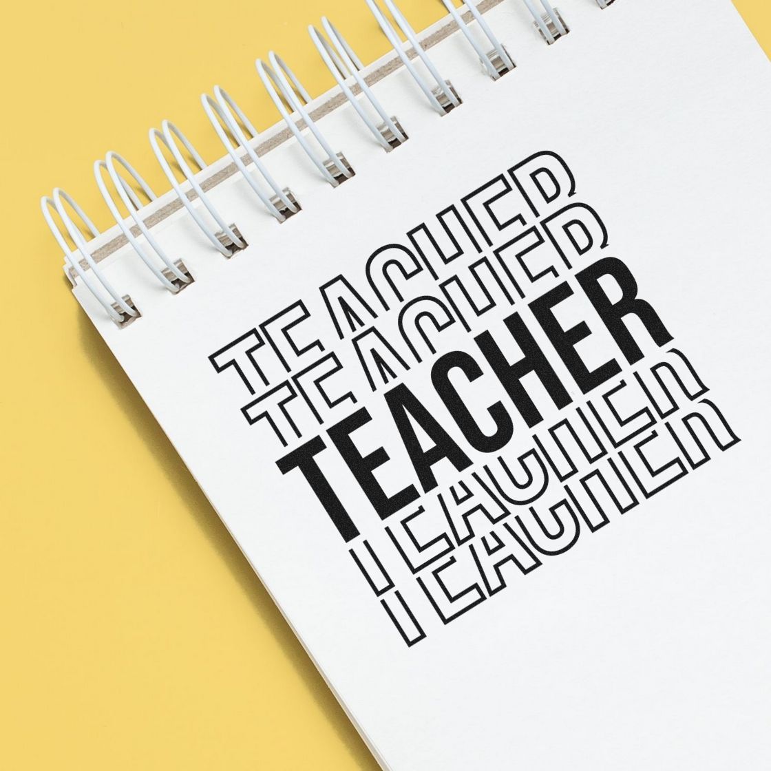 Premium Wooden Teacher Outline Stack Stamp - Vintage Pro imprint stamped in black ink. Five stacked "Teacher" words alternate outlined lettering with a solid bold center line.