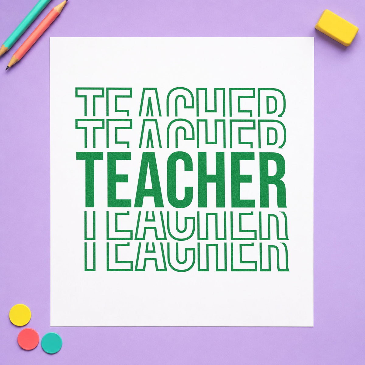 Teacher Outline Stack craft stamp imprint in green ink on a handmade project, one idea being ombre craft pages.