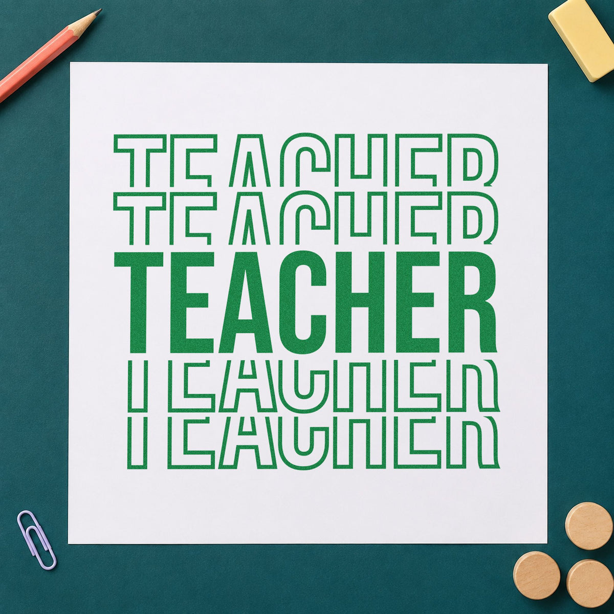 Teacher Outline Stack craft stamp imprint in green ink on a handmade project, one idea being framed stair risers.