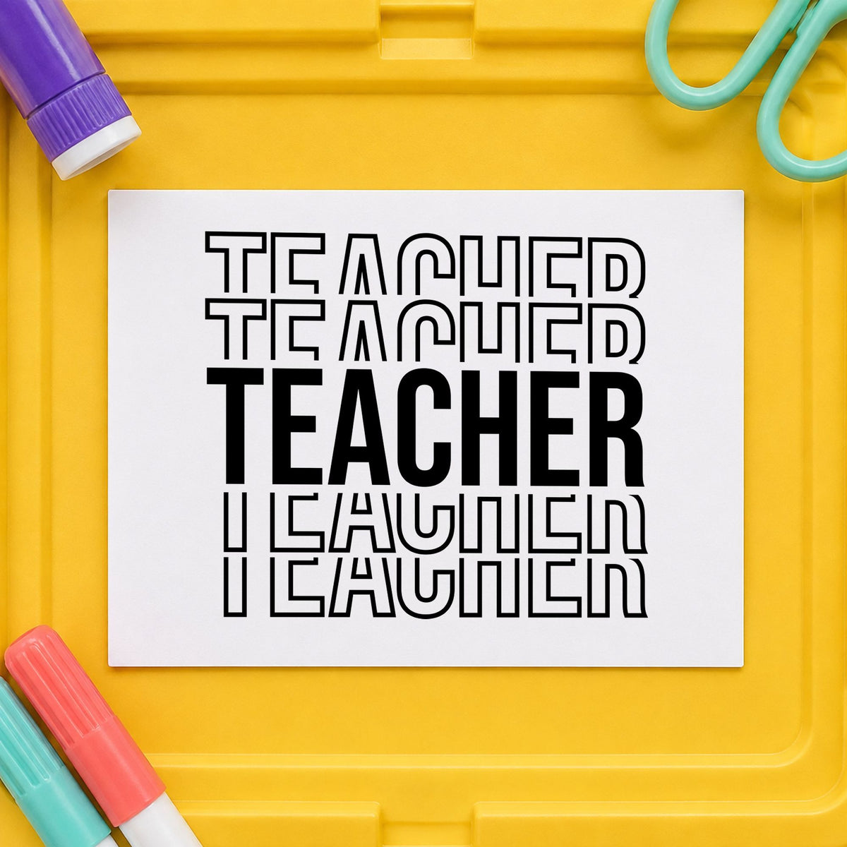 Teacher Outline Stack rubber stamp printed in black ink, ready for five layer cards and similar paper crafts.
