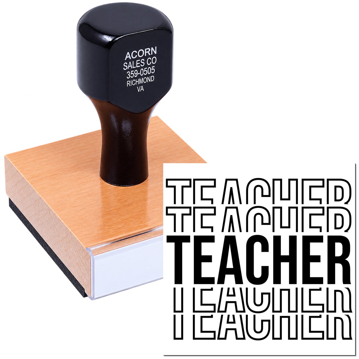 Self-inking teacher rubber stamp for classroom grading and feedback, featuring bold "TEACHER" imprint.
