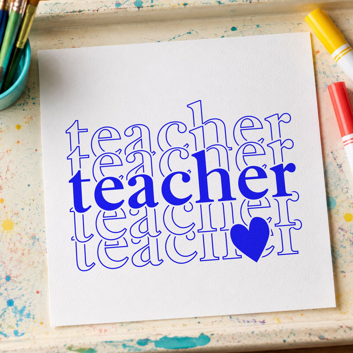 Teacher Serif Outline Stack Rubber Stamp – Wood Handle in use 6