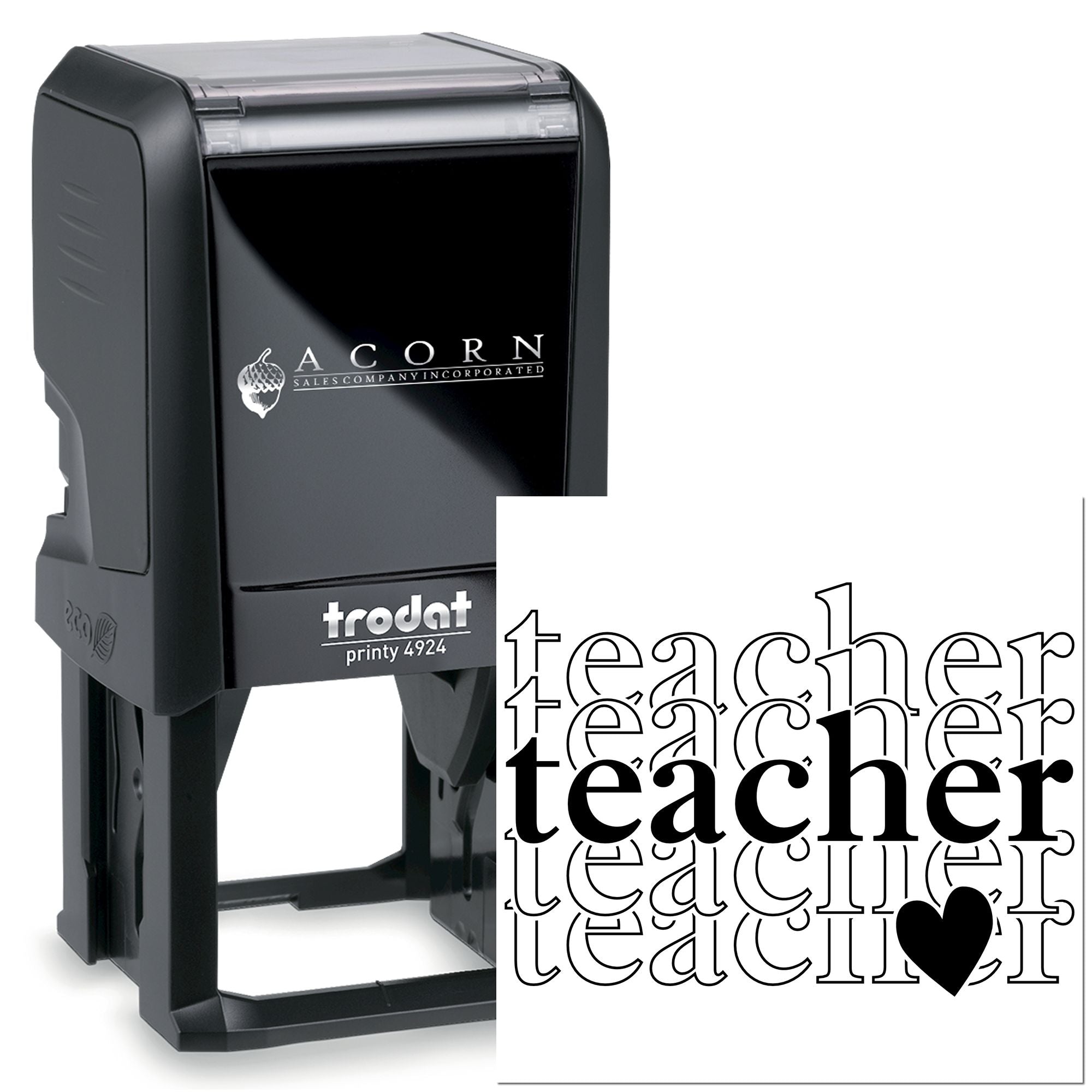 Custom self-inking teacher rubber stamp, Trodat Printy 4924, featuring bold teacher text and heart design.