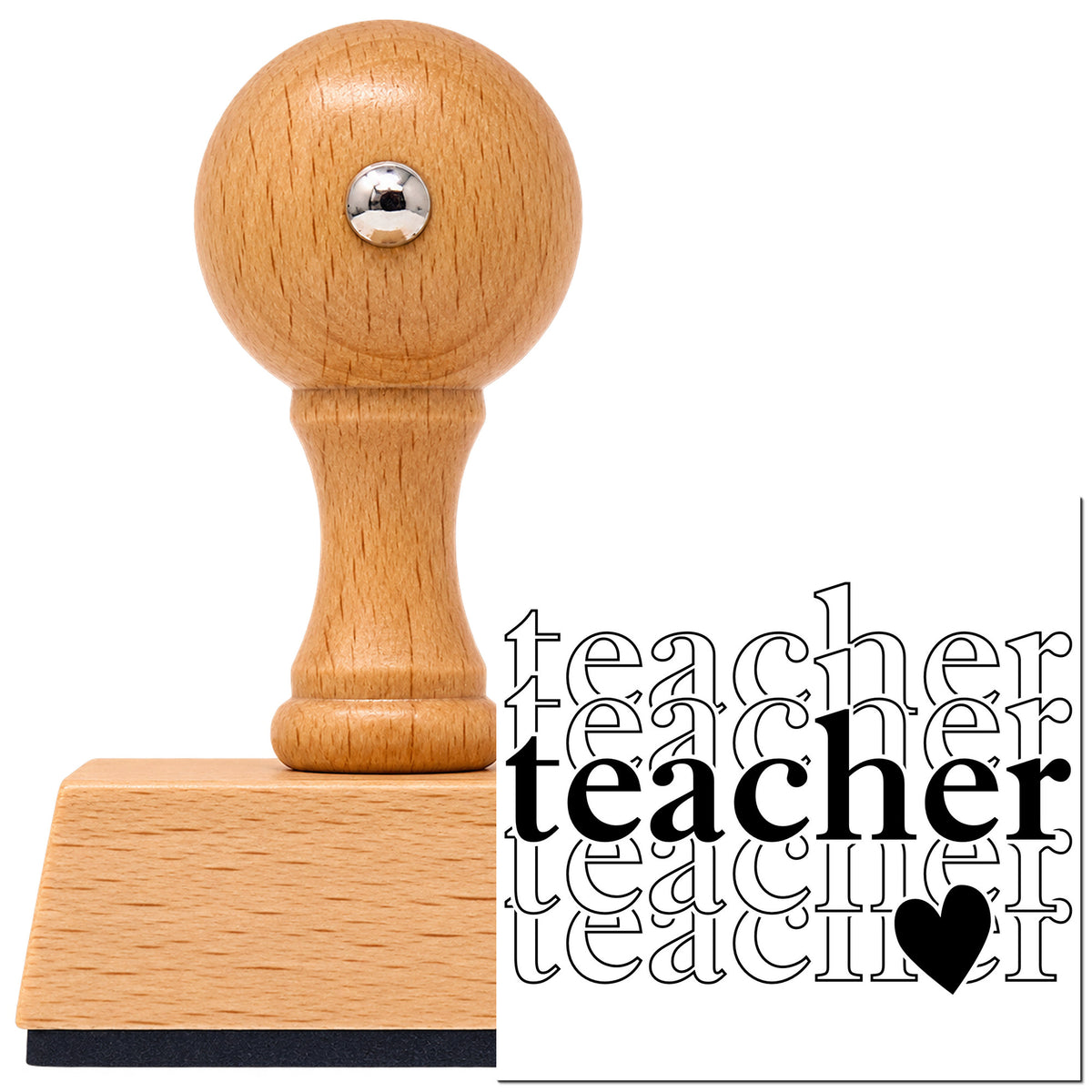 Teacher Serif Outline Stack Vintage Pro rubber stamp in European beech wood with a round knob handle, shown beside its black imprint.
