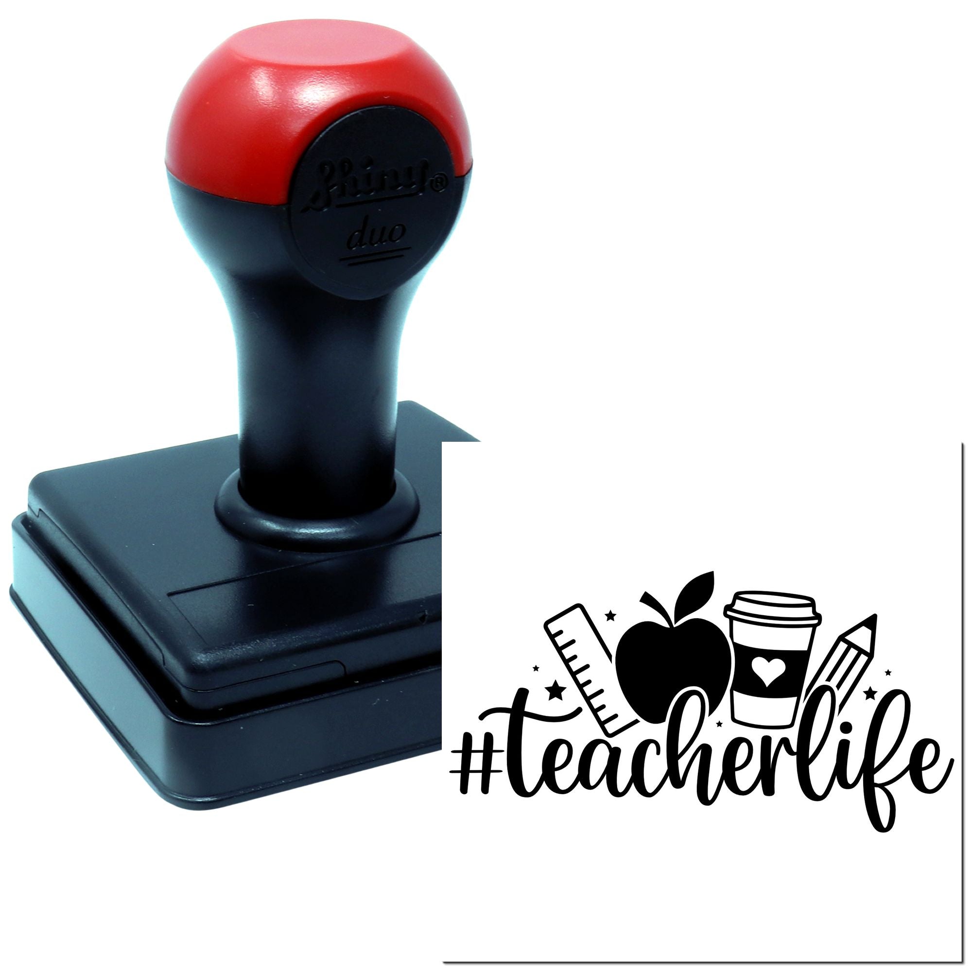 Self-inking teacher rubber stamp with #teacherlife design, school icons, for classroom use and teacher appreciation.