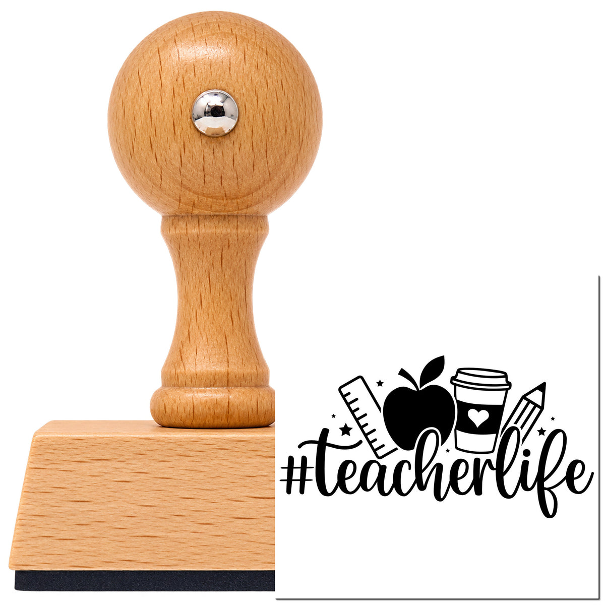 Hashtag Teacher Life Apple Vintage Pro rubber stamp in European beech wood with a round knob handle, shown beside its black imprint.
