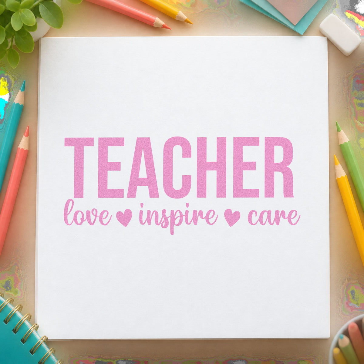 Teacher Love Inspire Care craft stamp in purple ink on cardstock, an easy option for care team tags.