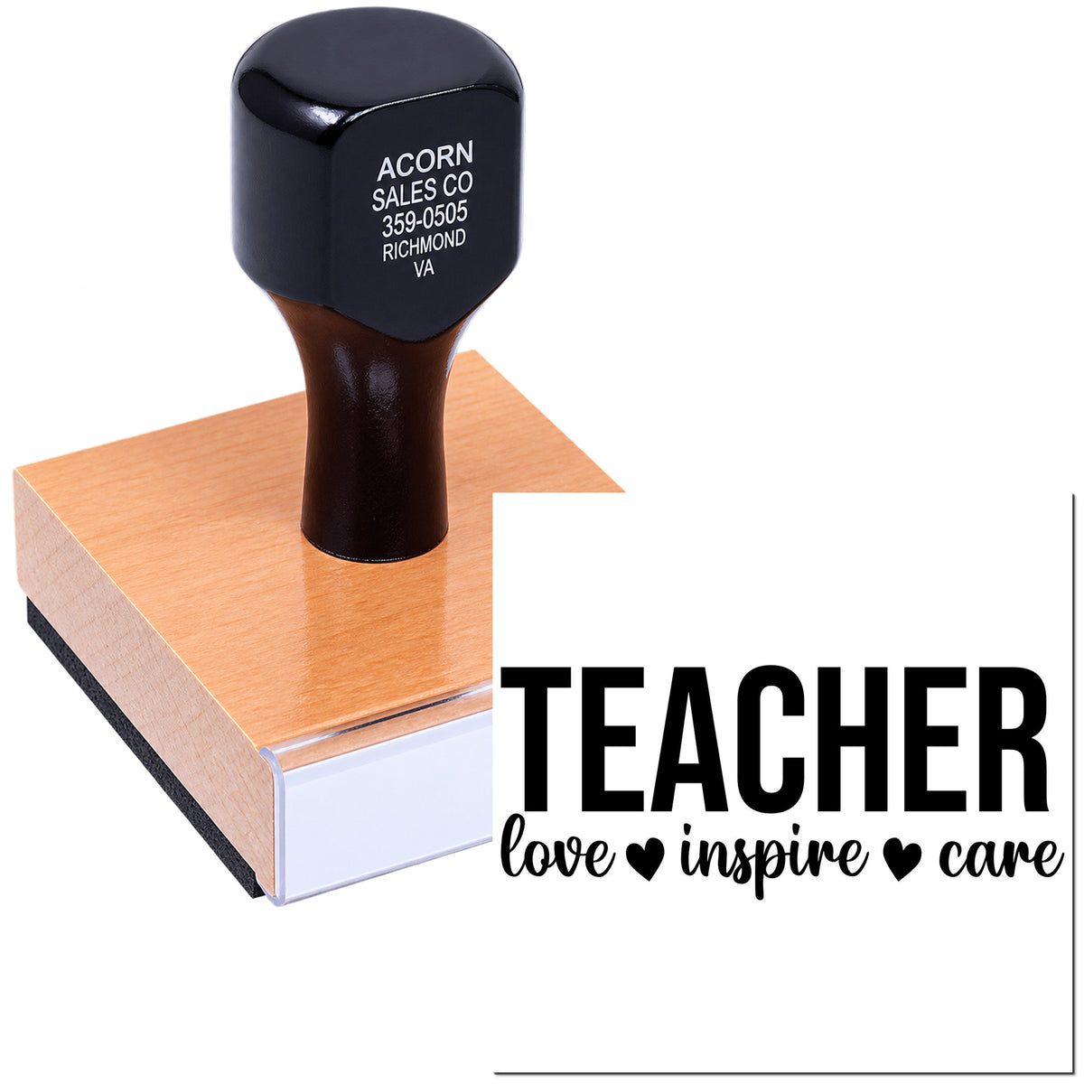 Teacher rubber stamp with love inspire care design for classroom crafts, cards, and teacher appreciation projects.