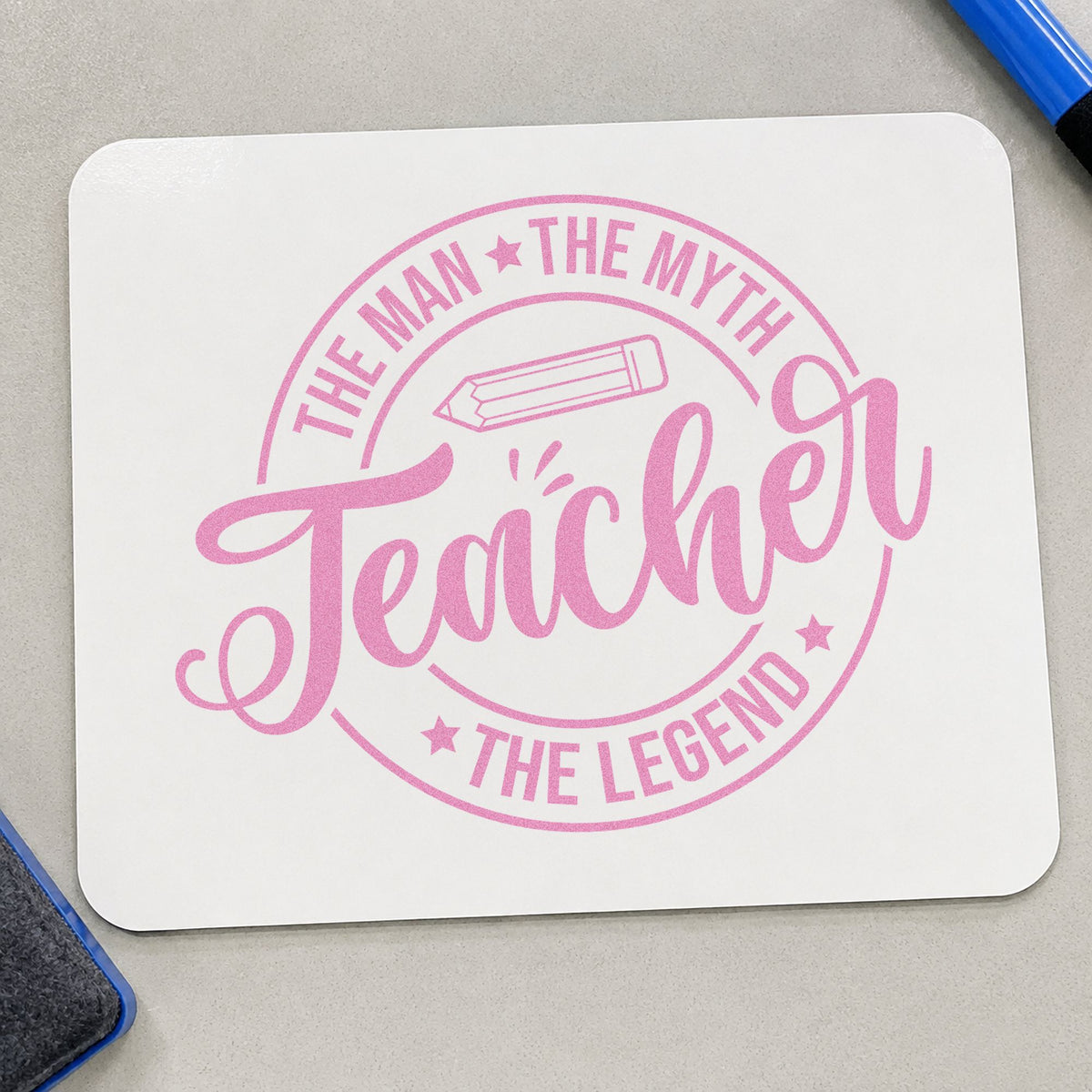 Teacher the Man Myth Legend craft stamp in purple ink on cardstock, an easy option for coach gift tags.