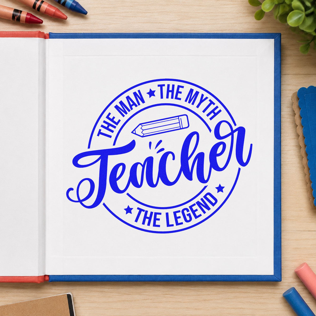 Teacher the Man Myth Legend craft stamp in blue ink on cardstock, an easy option for ball cap panels.