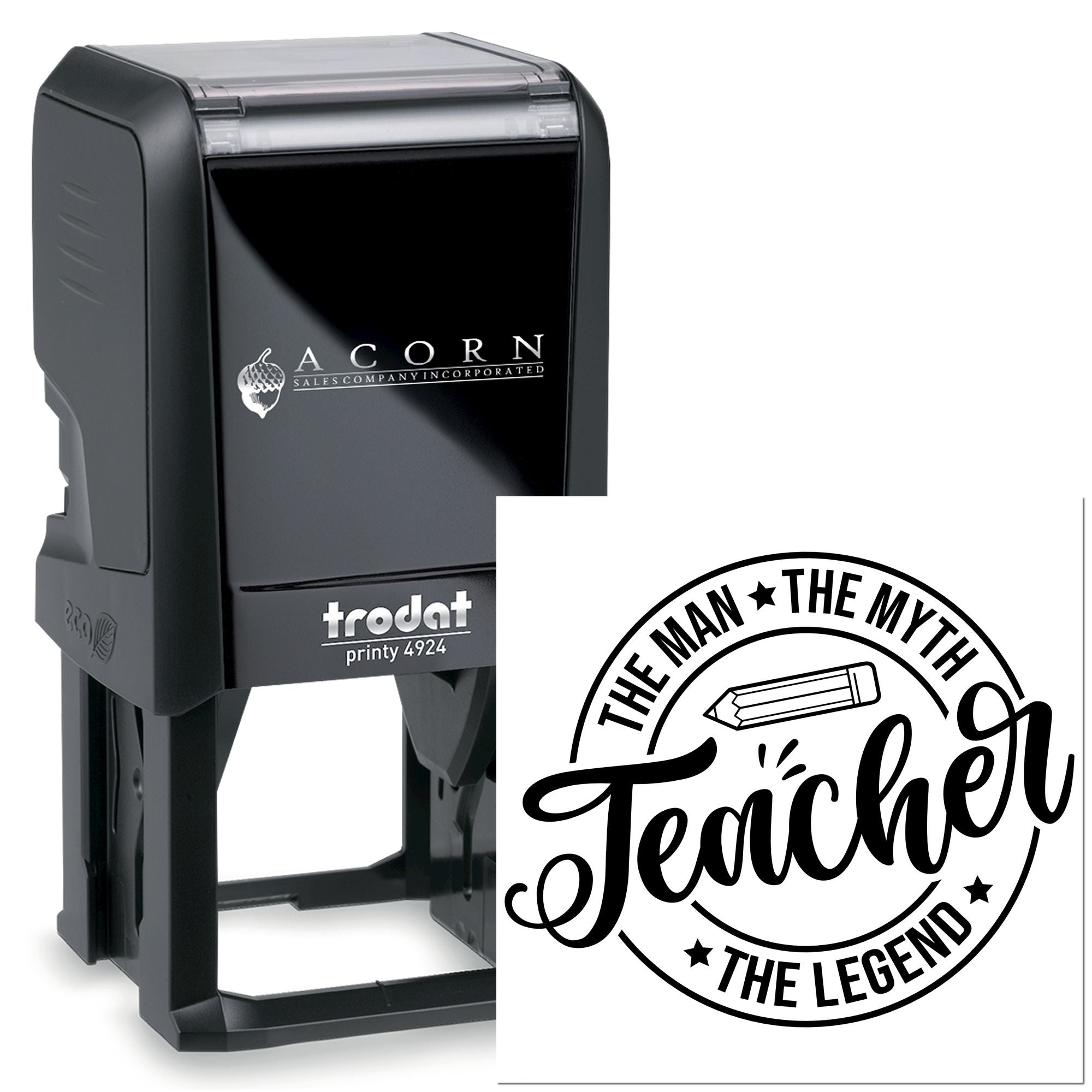 Custom self-inking teacher rubber stamp with The Man, The Myth, Teacher, The Legend design for classroom gifts and branding.