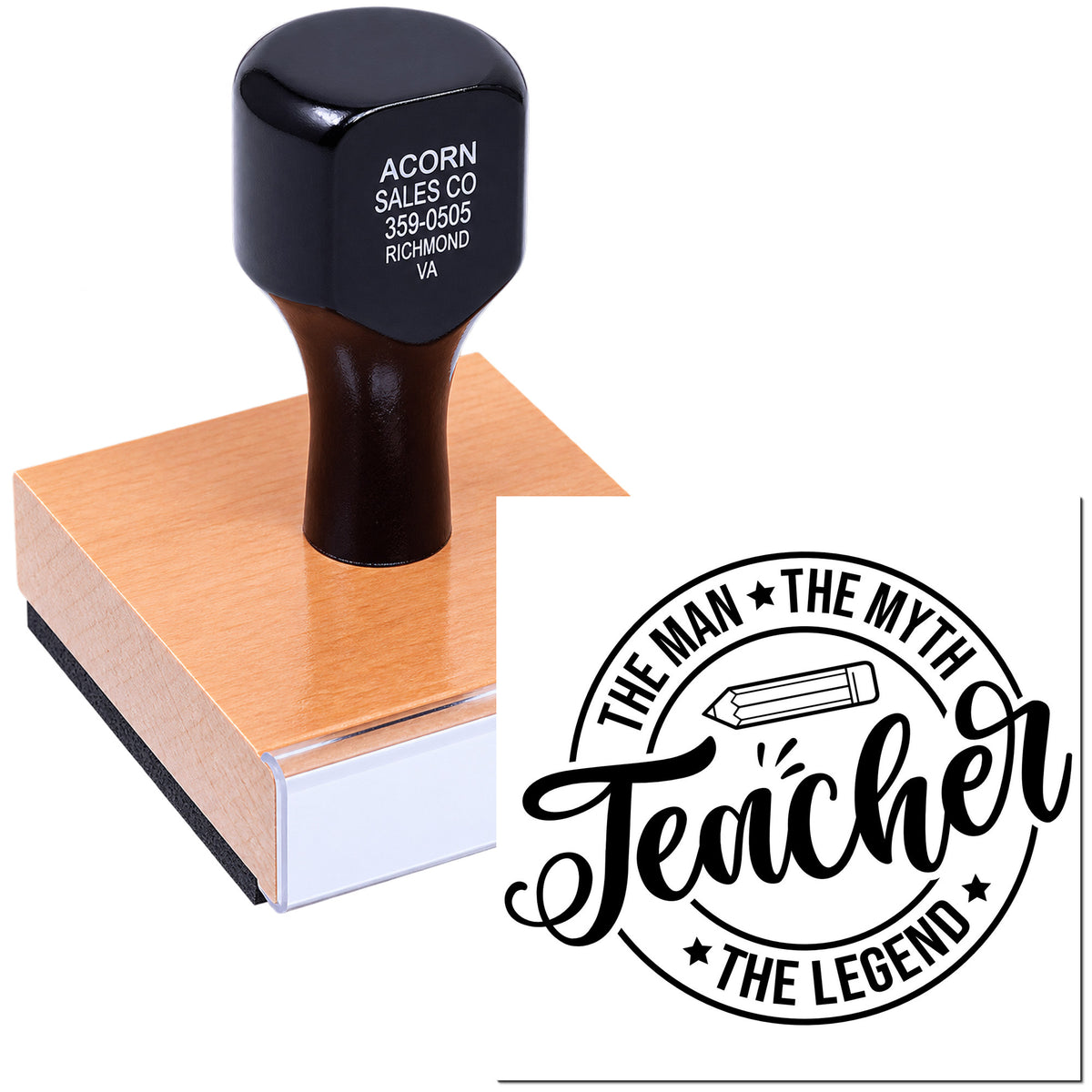 Personalized teacher rubber stamp on wood block with The Man, The Myth, The Legend design for classroom use.