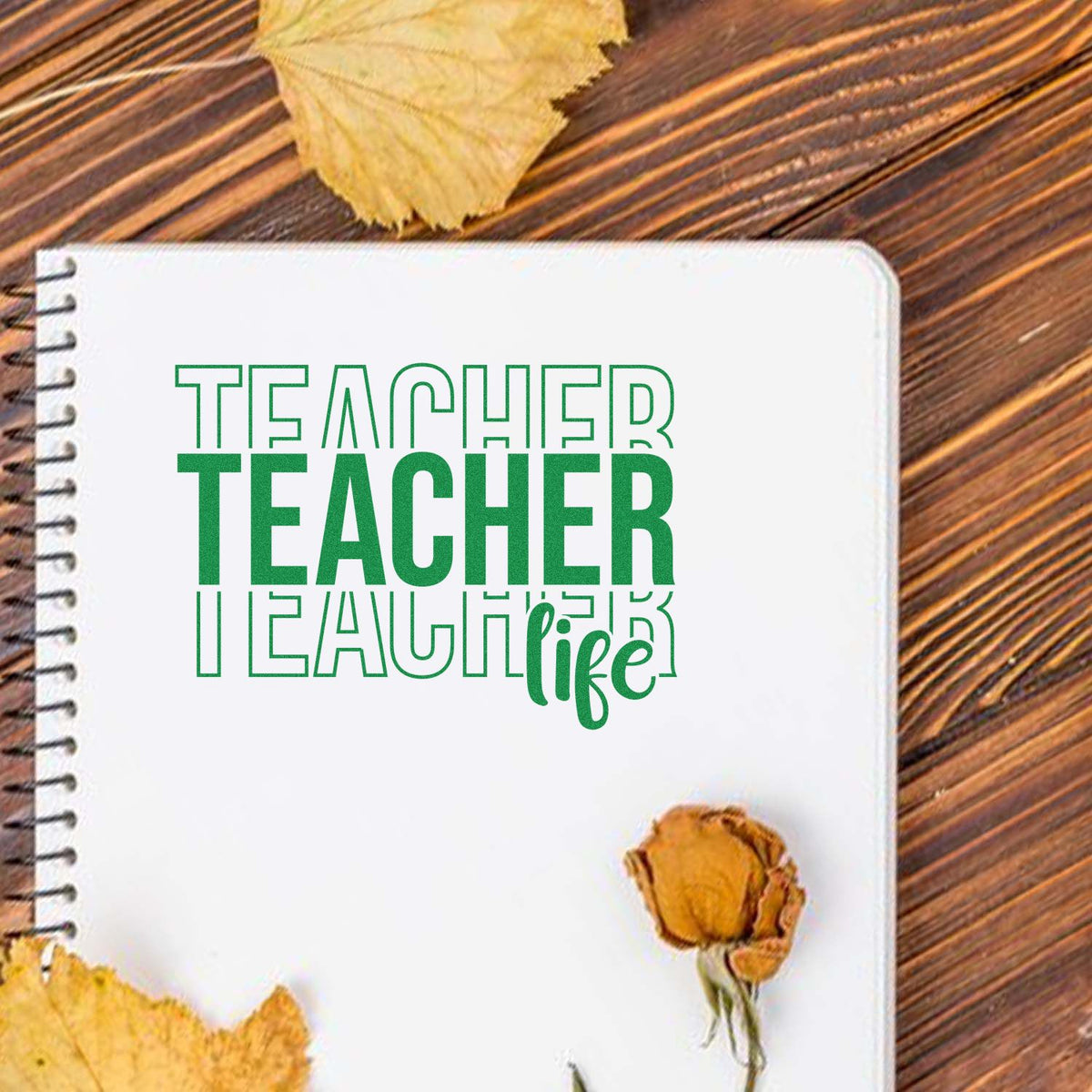 Teacher Life Outline Stack rubber stamp shown in green ink, stamped for projects such as merch hang tags.