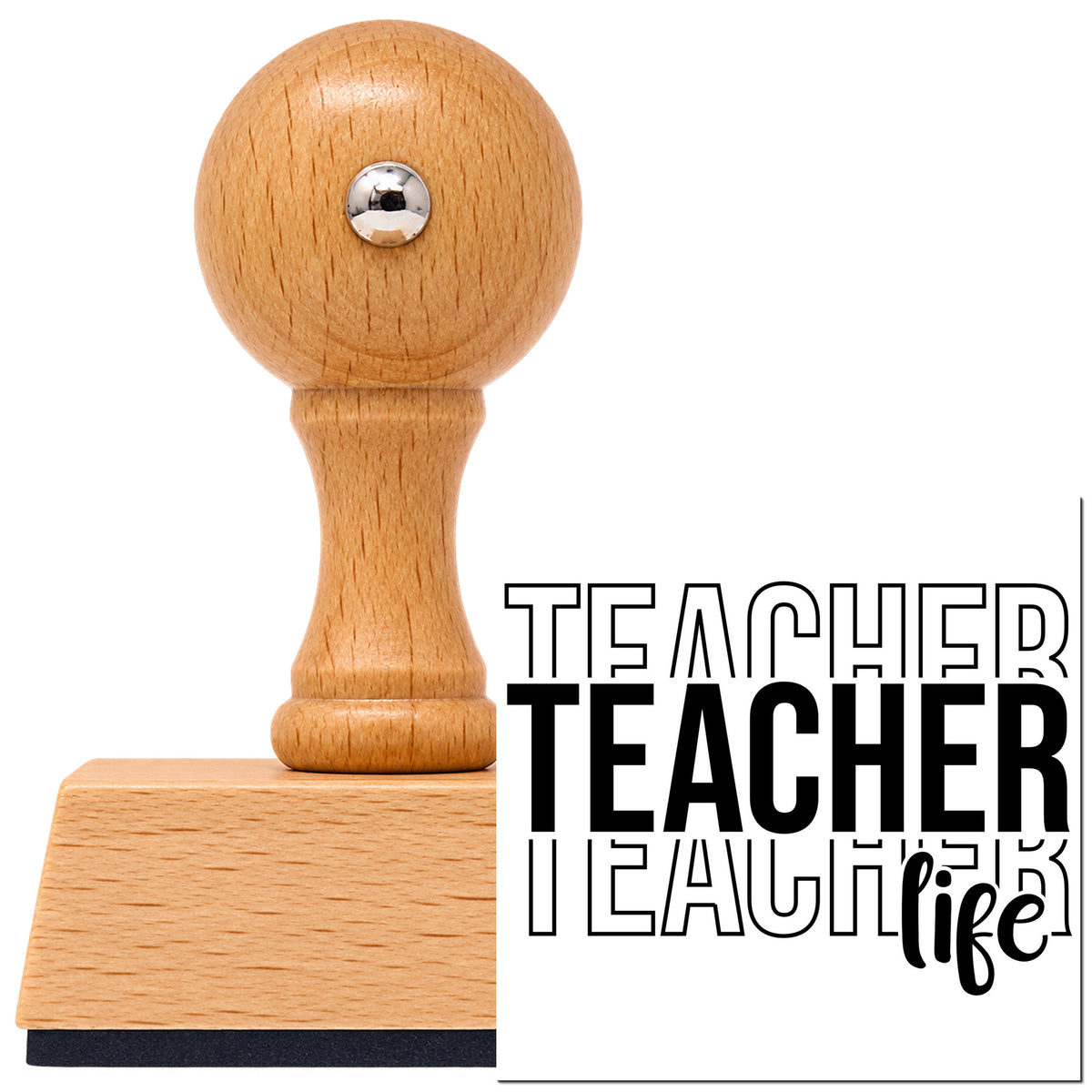 Teacher Life Outline Stack Vintage Pro rubber stamp in European beech wood with a round knob handle, shown beside its black imprint.