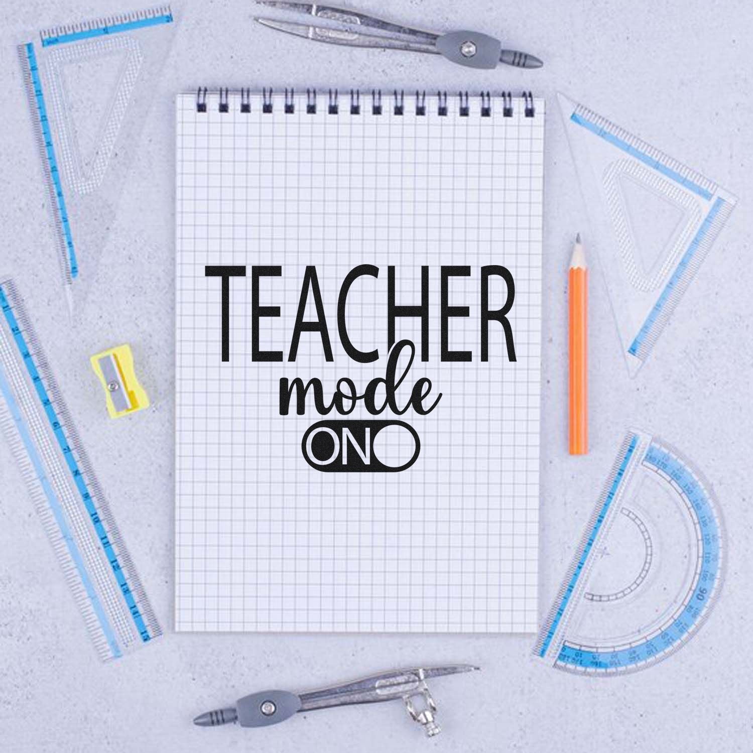 Teacher mode on rubber stamp design with school supplies, ideal for classroom journals, teacher planners, and educator gifts.