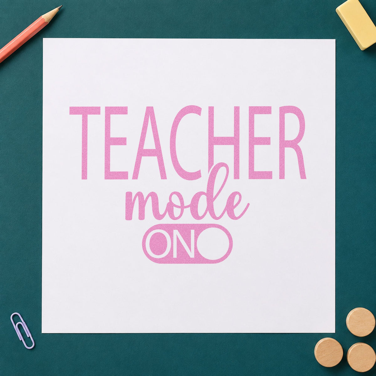 Teacher Mode On craft stamp in purple ink on cardstock, an easy option for robotics kit tags.
