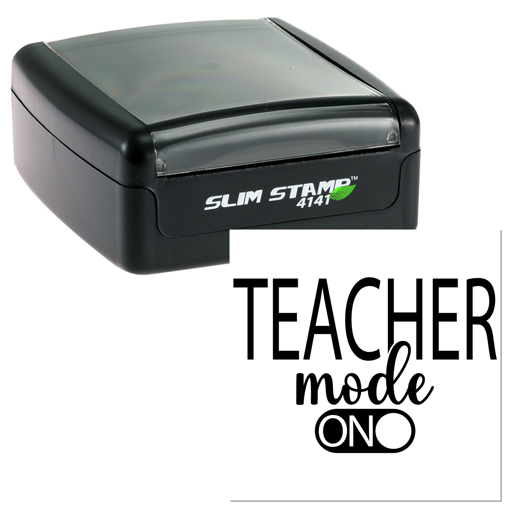 Slim self-inking Teacher Mode ON rubber stamp, custom classroom stamper for educators and lesson plans.