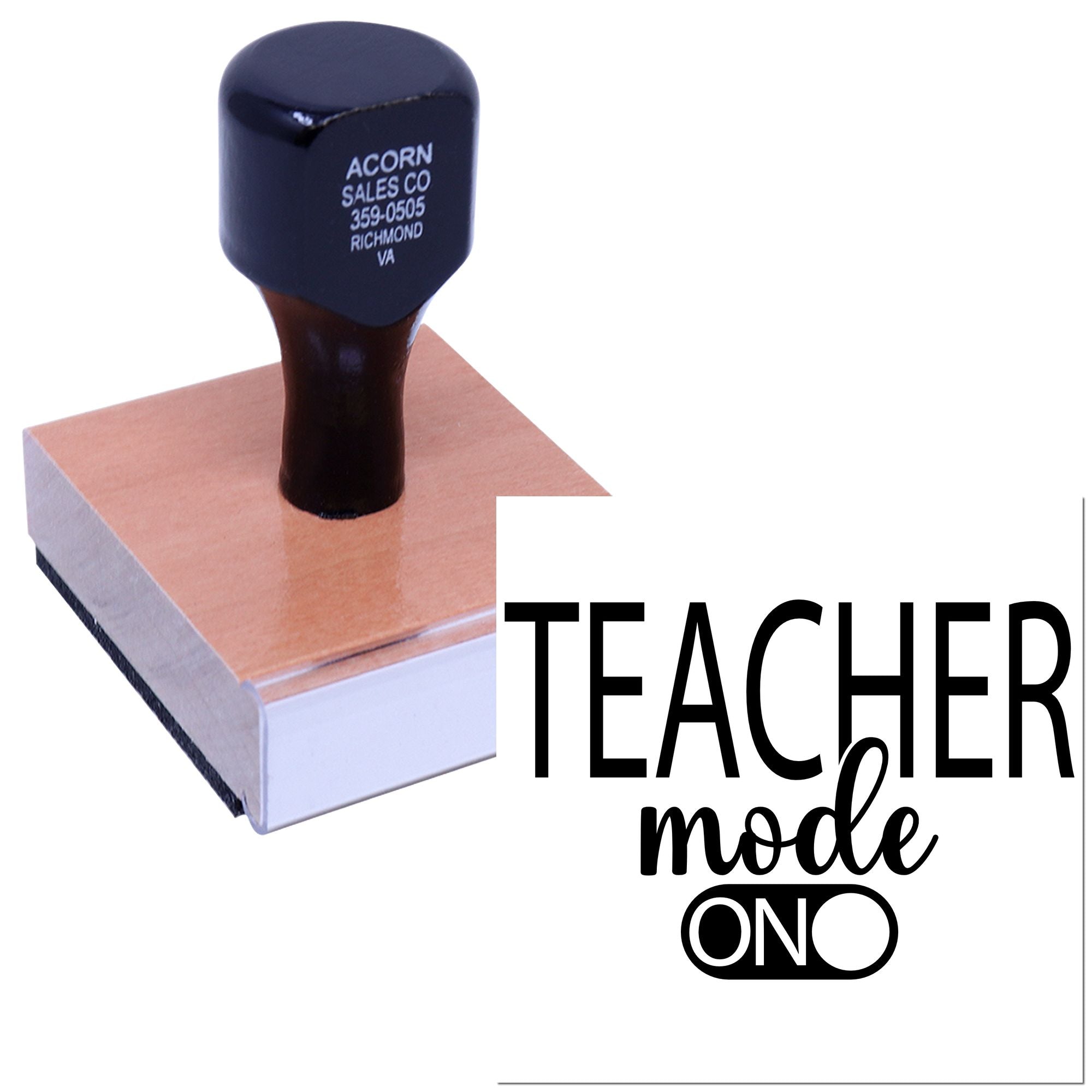 Teacher mode on custom rubber stamp for classroom and office use, shown on a wooden stamp block.