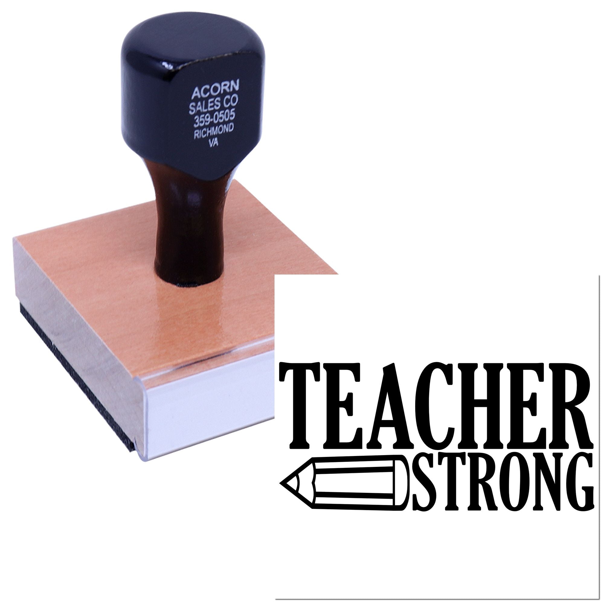 Custom self-inking teacher rubber stamp with Teacher Strong logo for classroom grading, notes, and educational use.