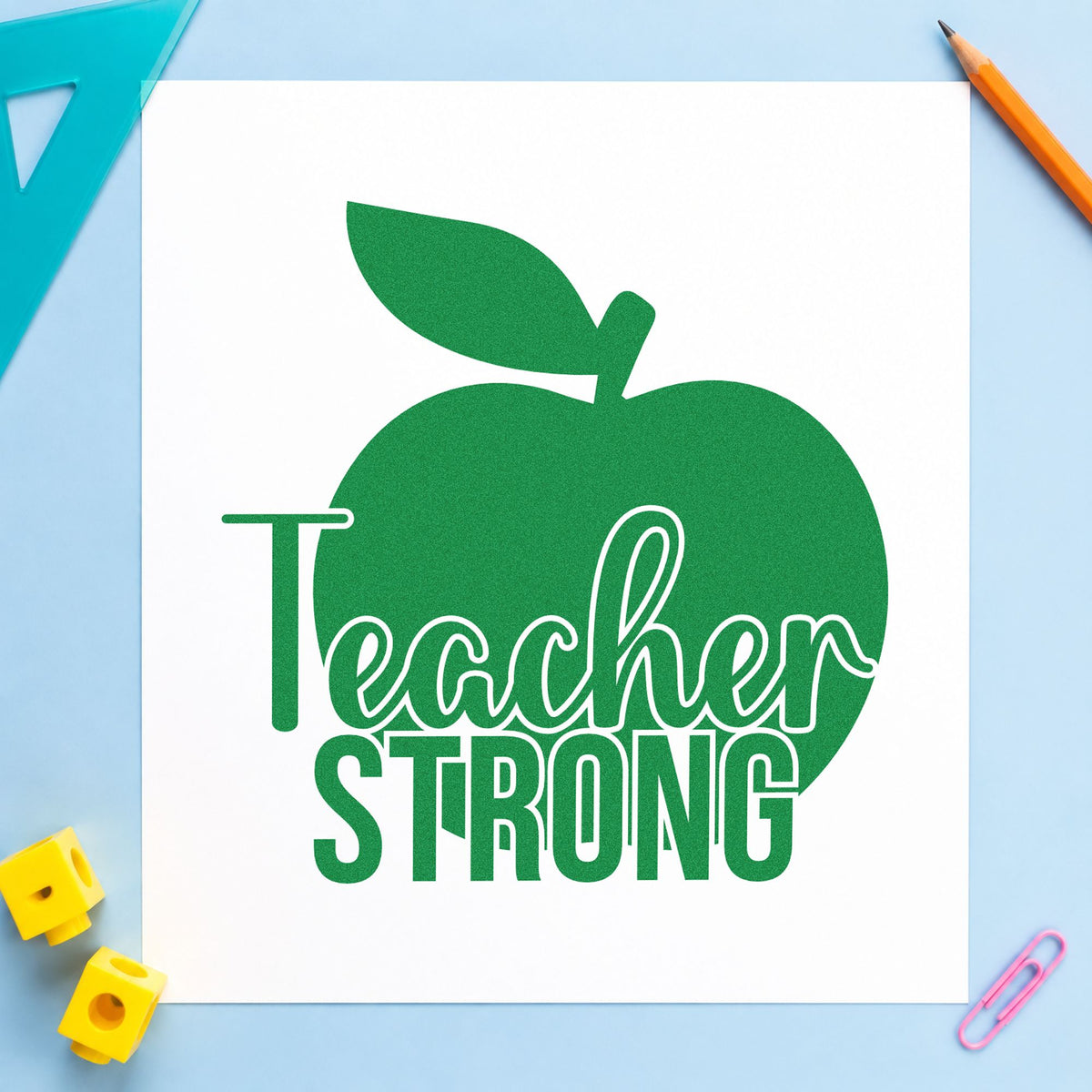 Teacher Strong Apple Script Lettering Stamp – Self-Inking in use 3
