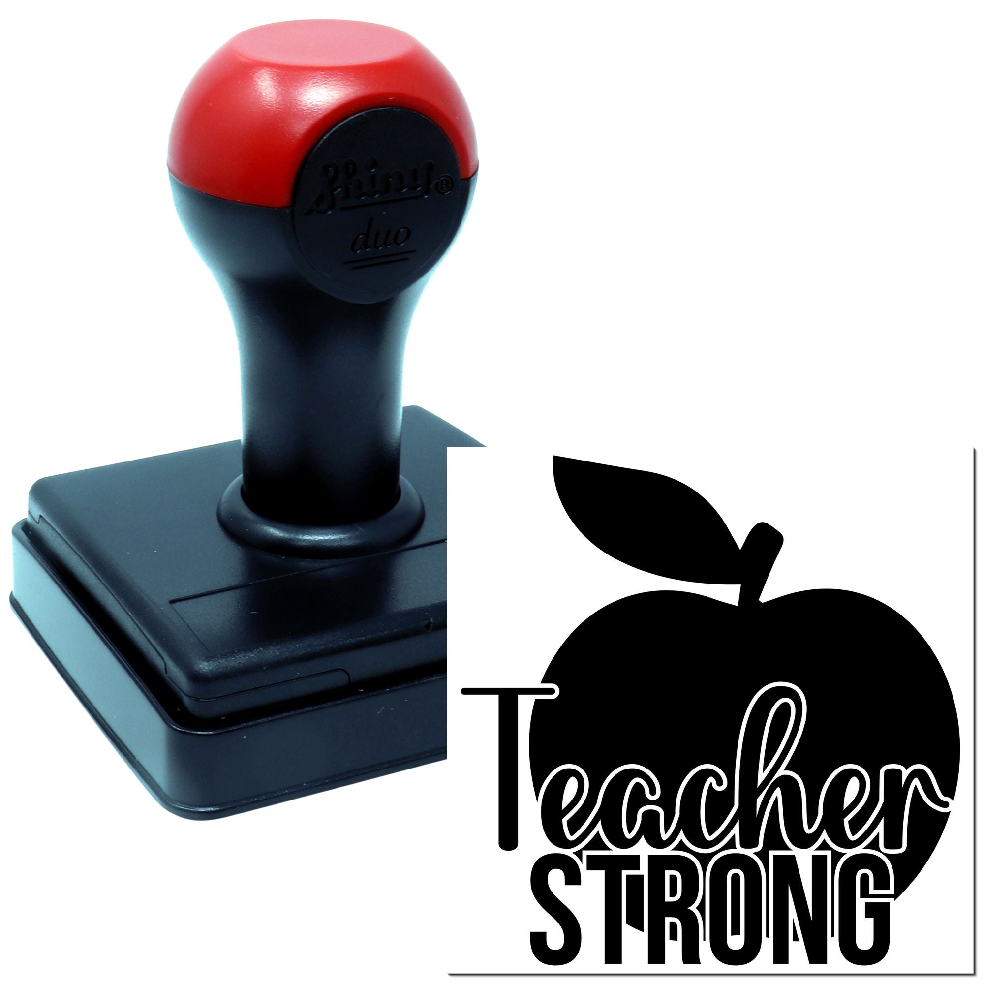 Teacher Strong custom rubber stamp with self-inking handle and apple design for classroom branding or teacher gifts