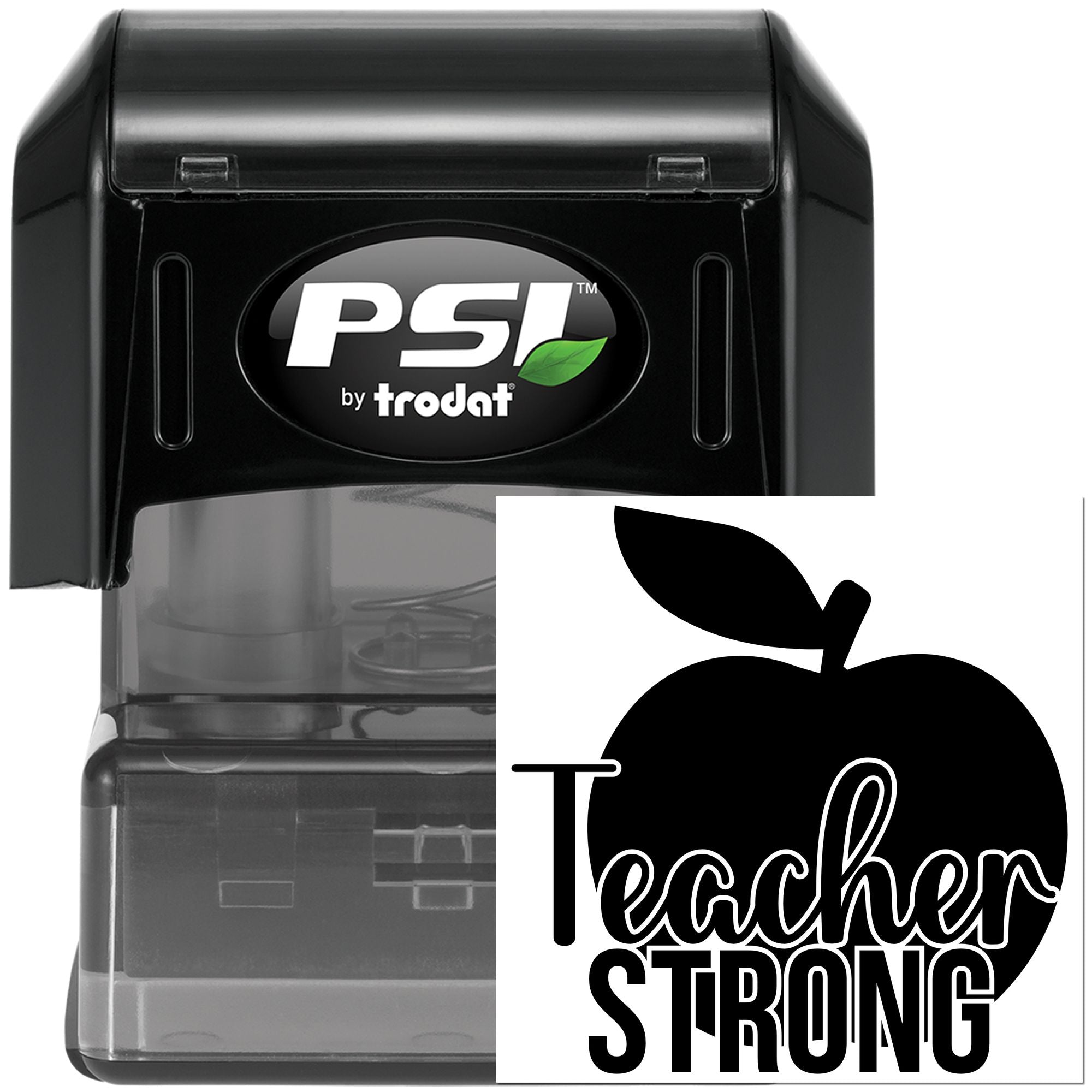 Teacher Strong self-inking rubber stamp with apple design for classroom grading, teacher gifts, and school supplies.