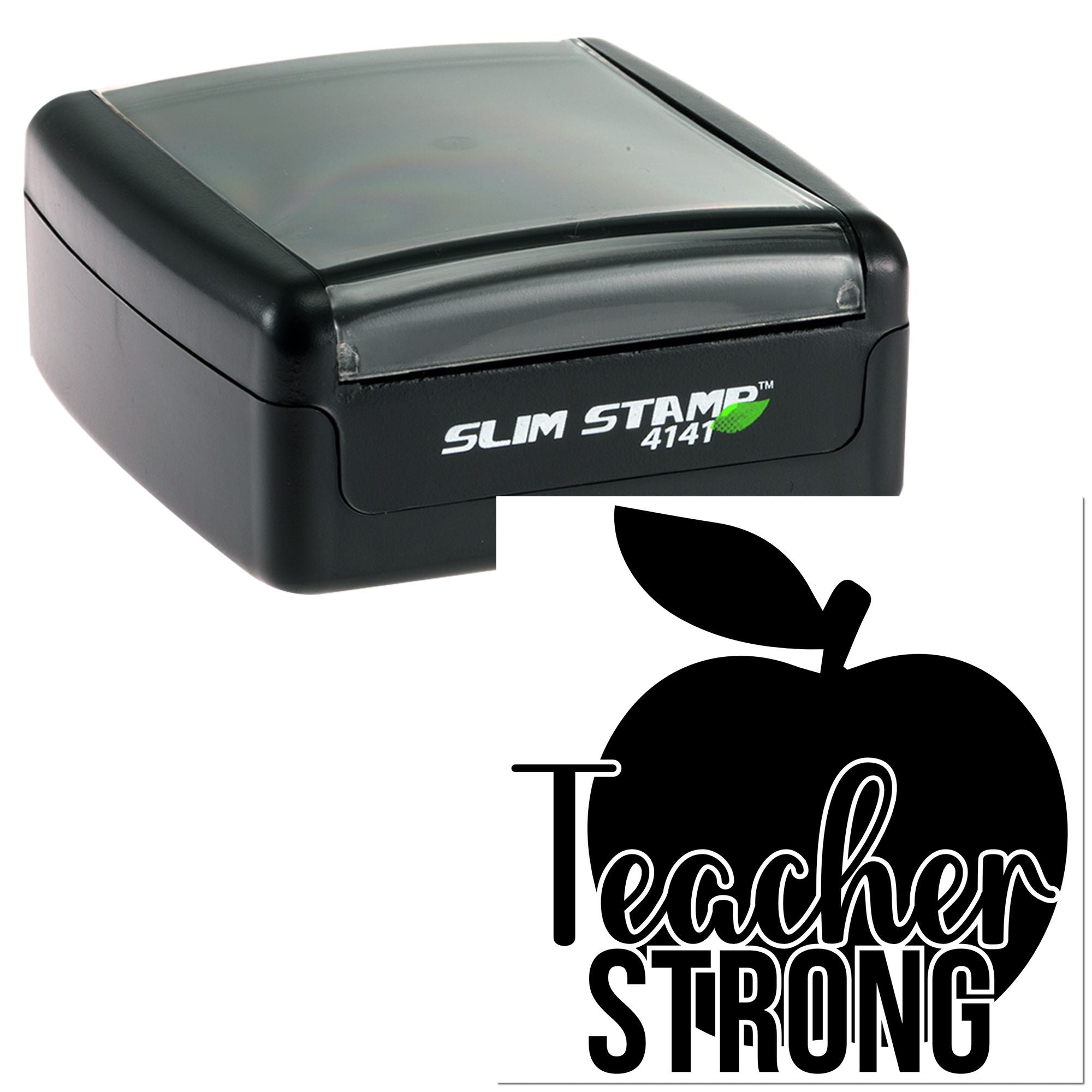 Custom self-inking rubber stamp with Teacher Strong apple design, ideal for teacher gifts and classroom marking.