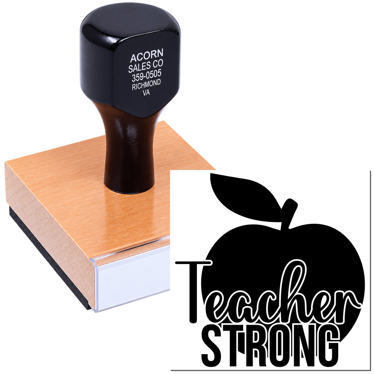 Personalized Teacher Strong rubber stamp with apple design on a wooden block for educational crafts and classroom use.