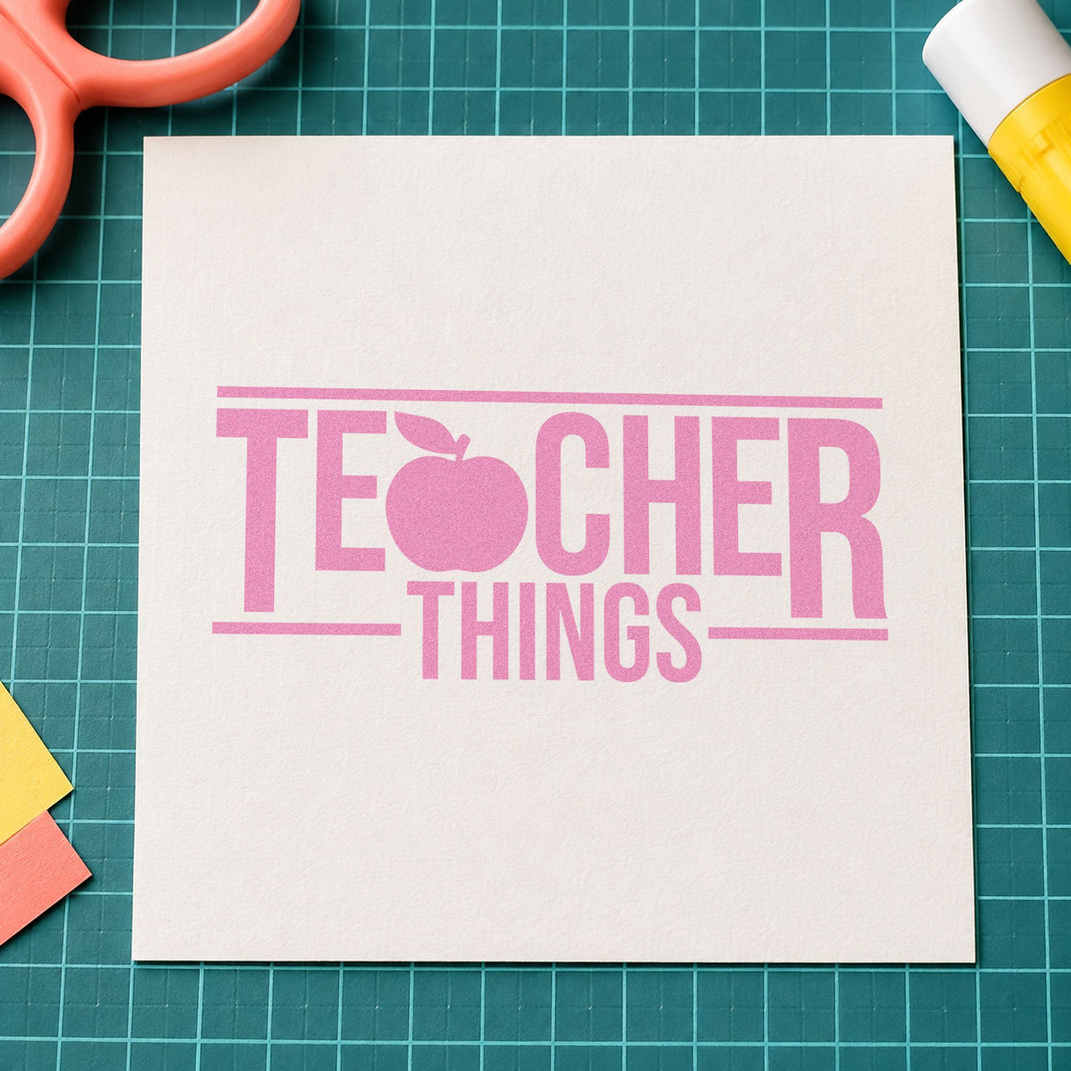 Teacher Things craft stamp in purple ink on cardstock, an easy option for storage bin tags.
