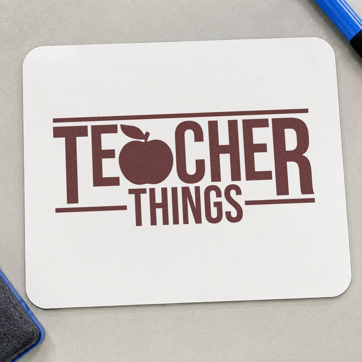 Teacher Things rubber stamp printed in brown ink, ready for drawer divider crafts and similar paper crafts.