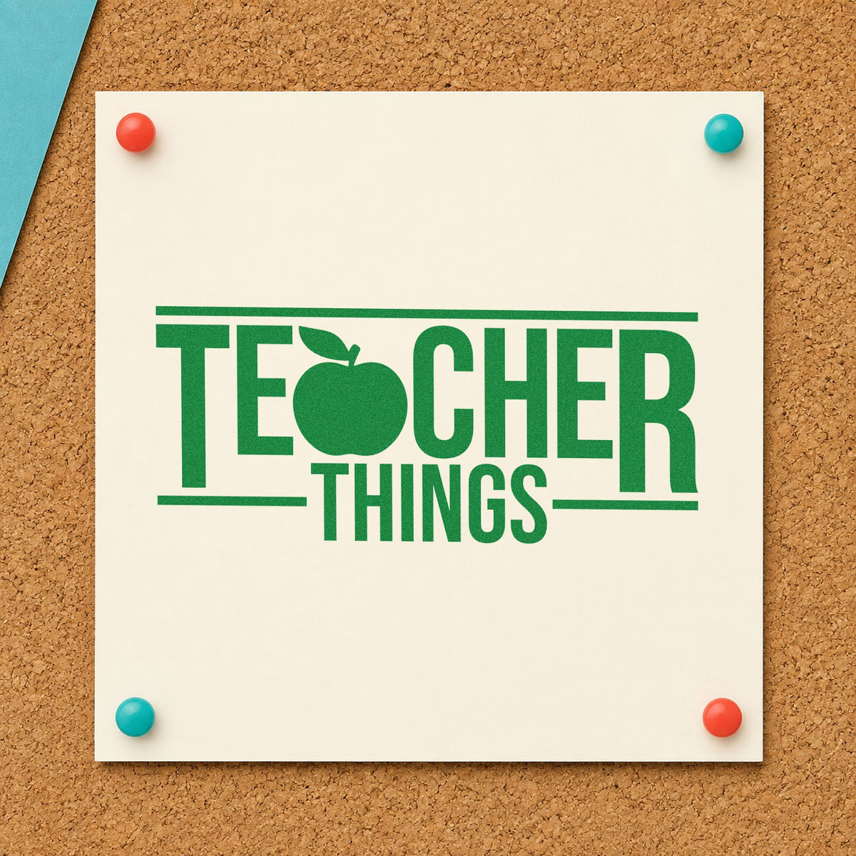 Teacher Things craft stamp imprint in green ink on a handmade project, one idea being framed supply closet.