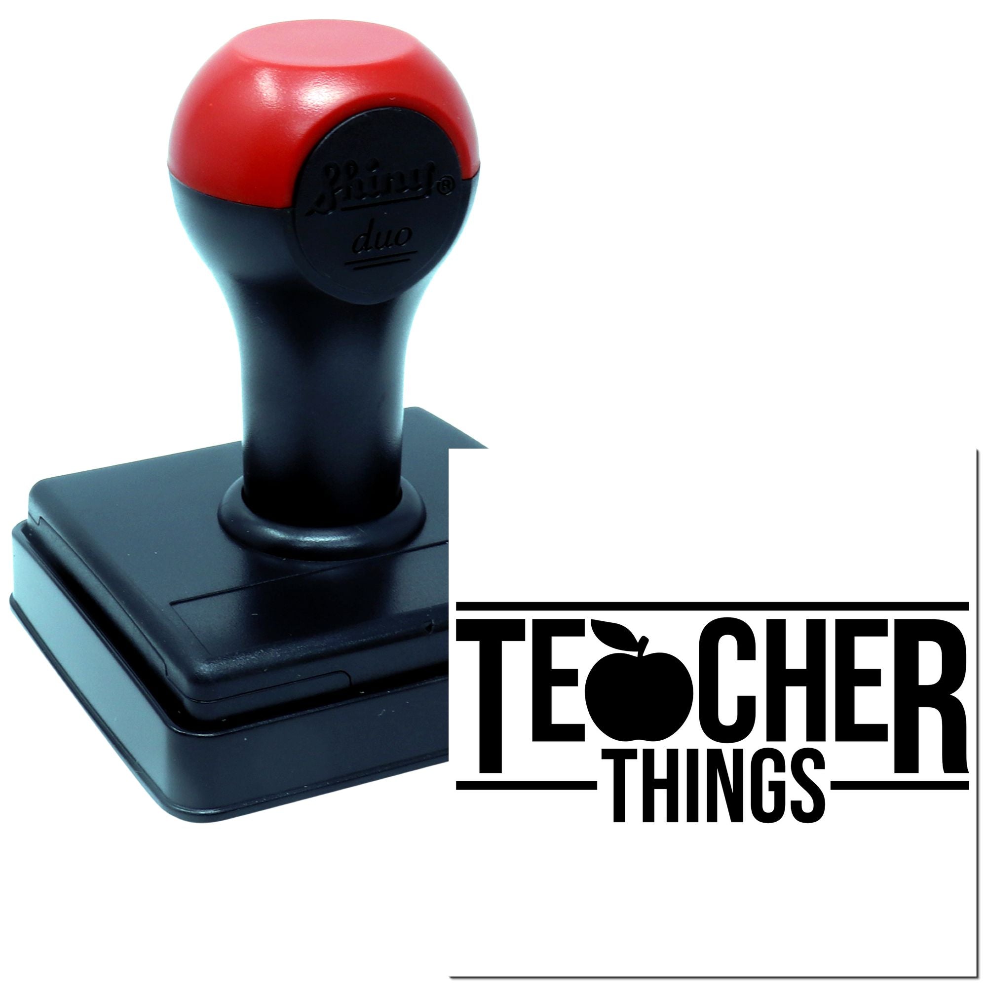 Custom self-inking teacher rubber stamp with Teacher Things logo, ideal for grading and classroom paperwork.