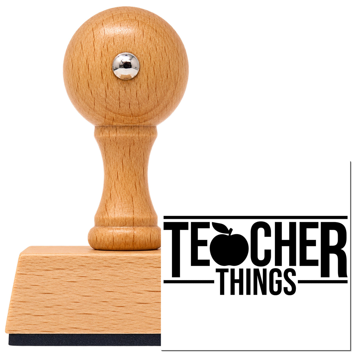 Teacher Things Vintage Pro rubber stamp in European beech wood with a round knob handle, shown beside its black imprint.