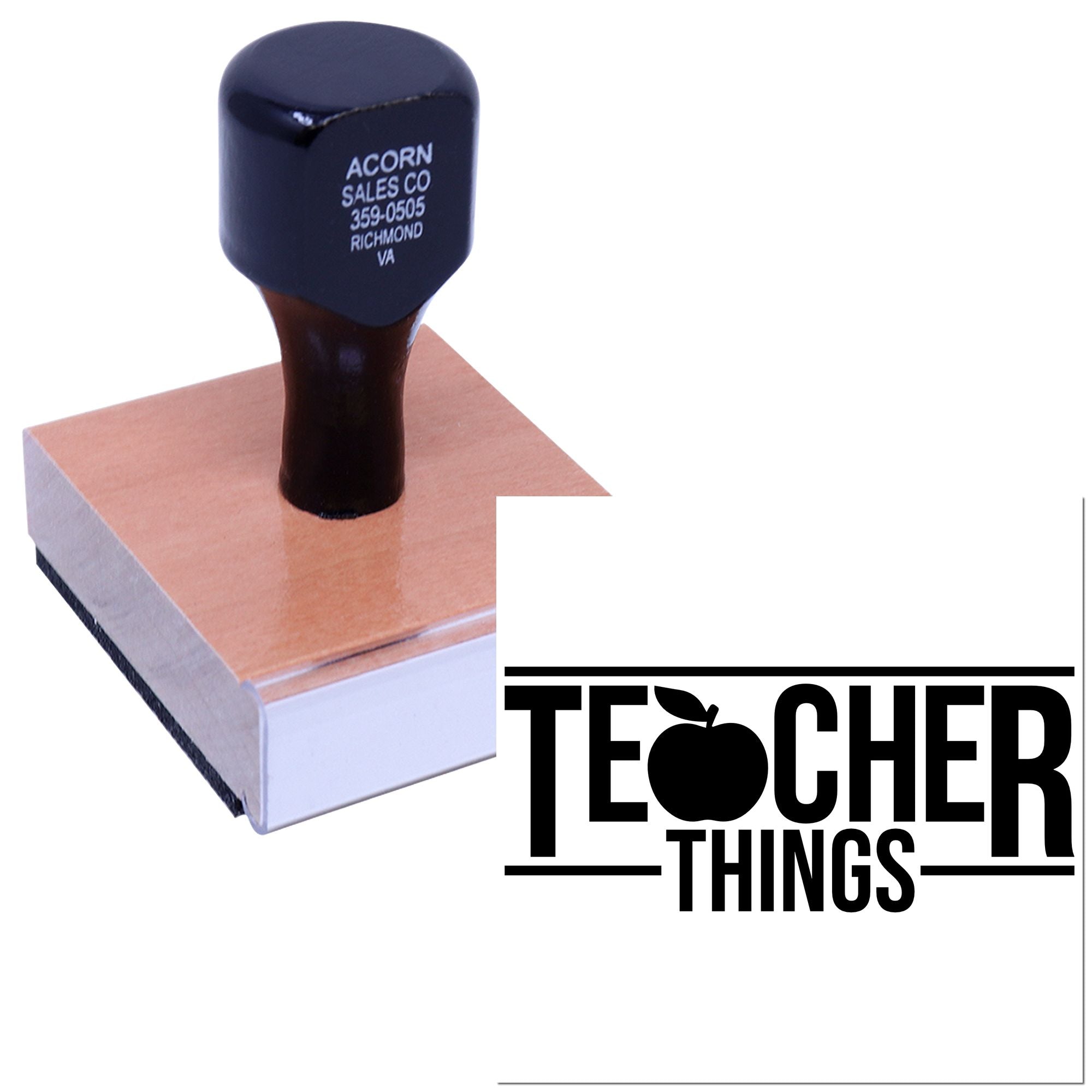Personalized rubber stamp with Teacher Things logo for packaging, crafts, and classroom branding.