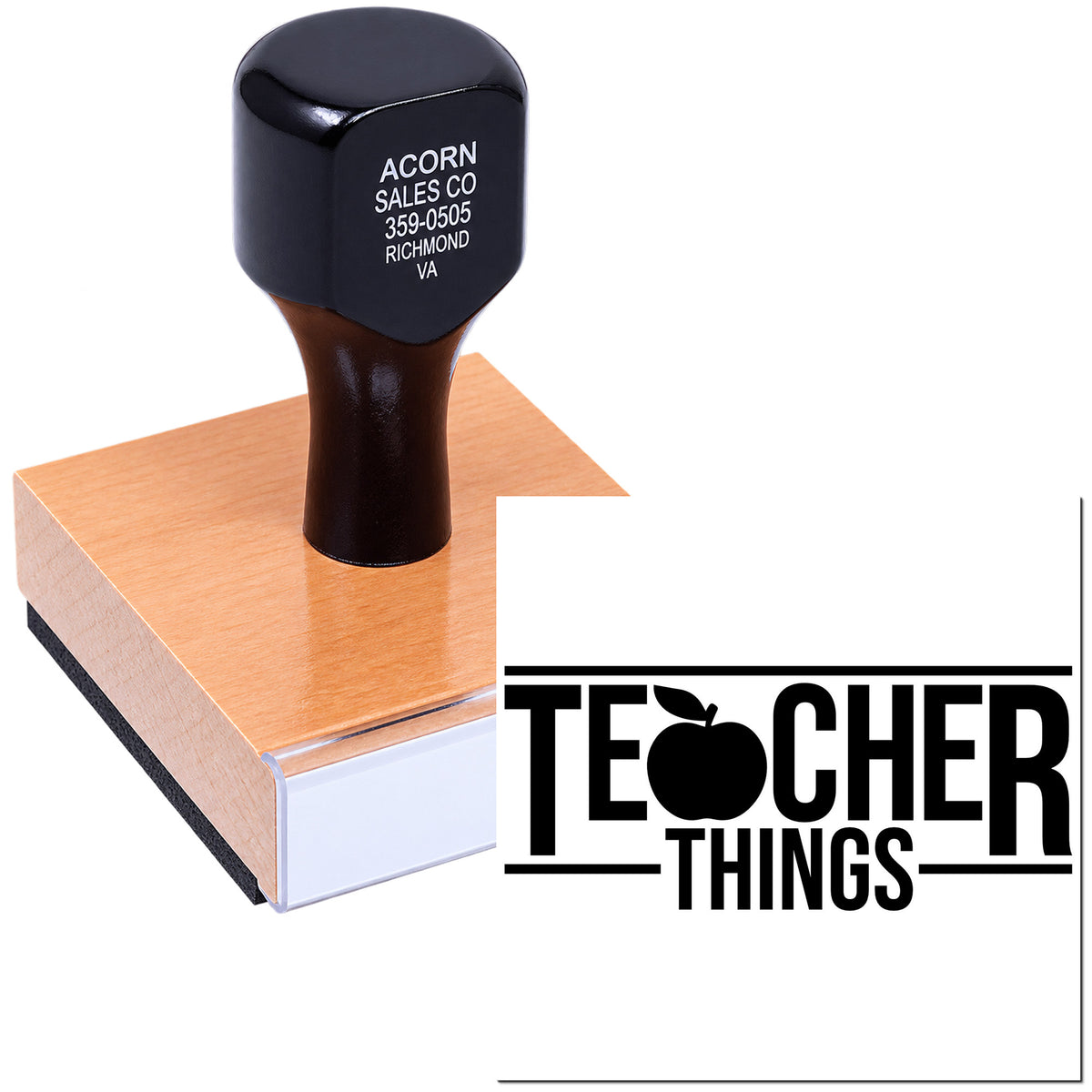 Personalized rubber stamp with Teacher Things logo for packaging, crafts, and classroom branding.