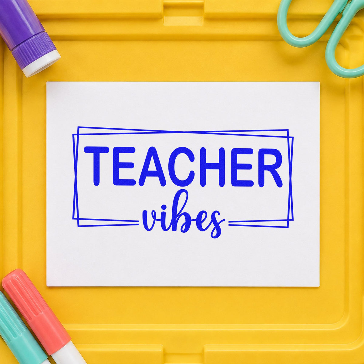 Teacher Vibes Frame craft stamp in blue ink on cardstock, an easy option for linen curtain panels.